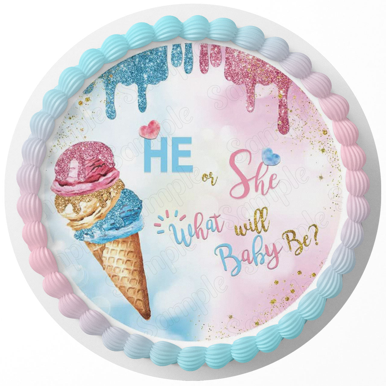 He Or She What Will Baby Be Ice Cream YLM Round – Icing Sheet Bir - Personalized Edible Cake Topper | Custom Icing Sheet | Birthday Cake Decoration