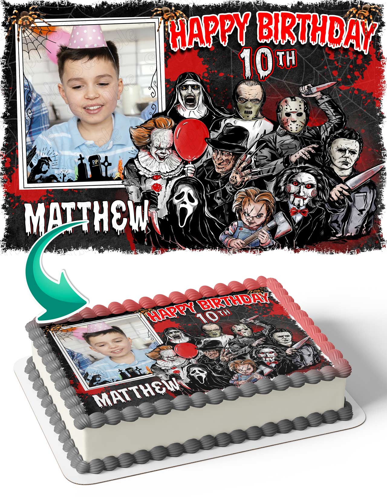 Horror Night Scary Friends Chucky Michael Myers Jason Freddy Penn - Personalized Edible Cake Topper | Custom Icing Sheet | Birthday Cake Decoration