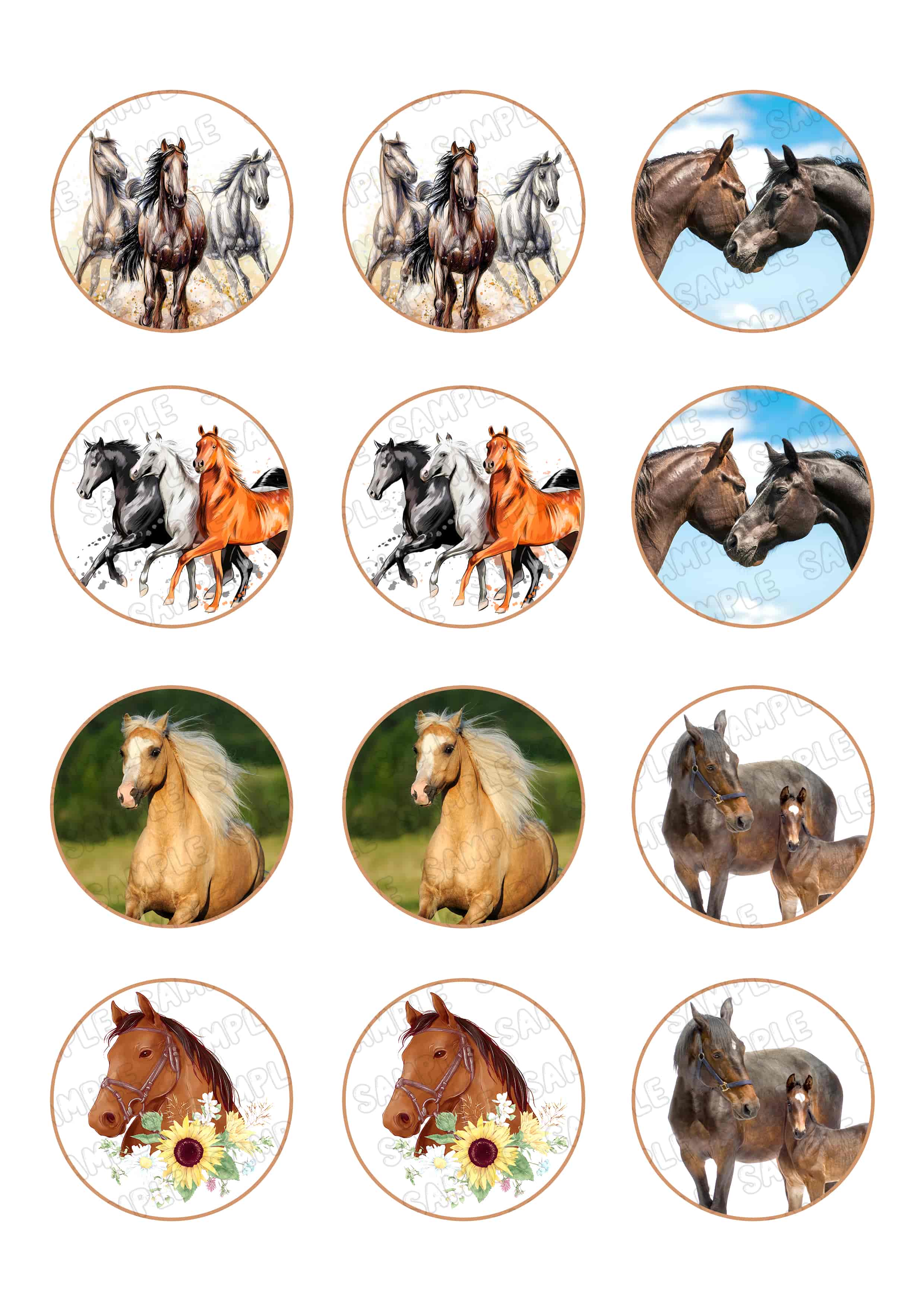 Horse Edible Cupcake Toppers – Round Icing Sheet Birthday Party - Edible Cake Topper | Icing Sheet | Birthday Cake Decoration