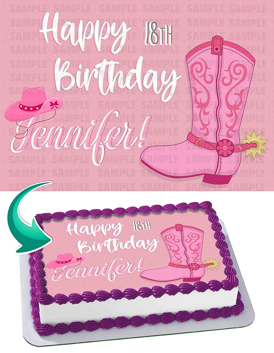 Pink Cowgirl Boots Hat Edible Cake Topper