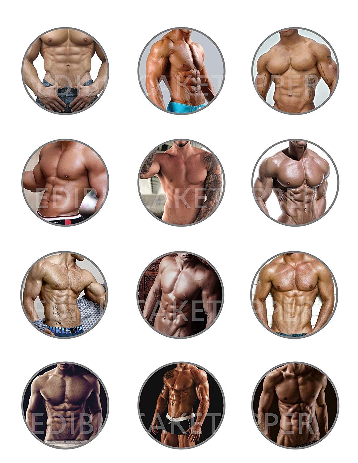 Bachelorette Party Mens Torsos Edible Cupcake Toppers – Round Ici - Edible Cake Topper | Icing Sheet | Birthday Cake Decoration