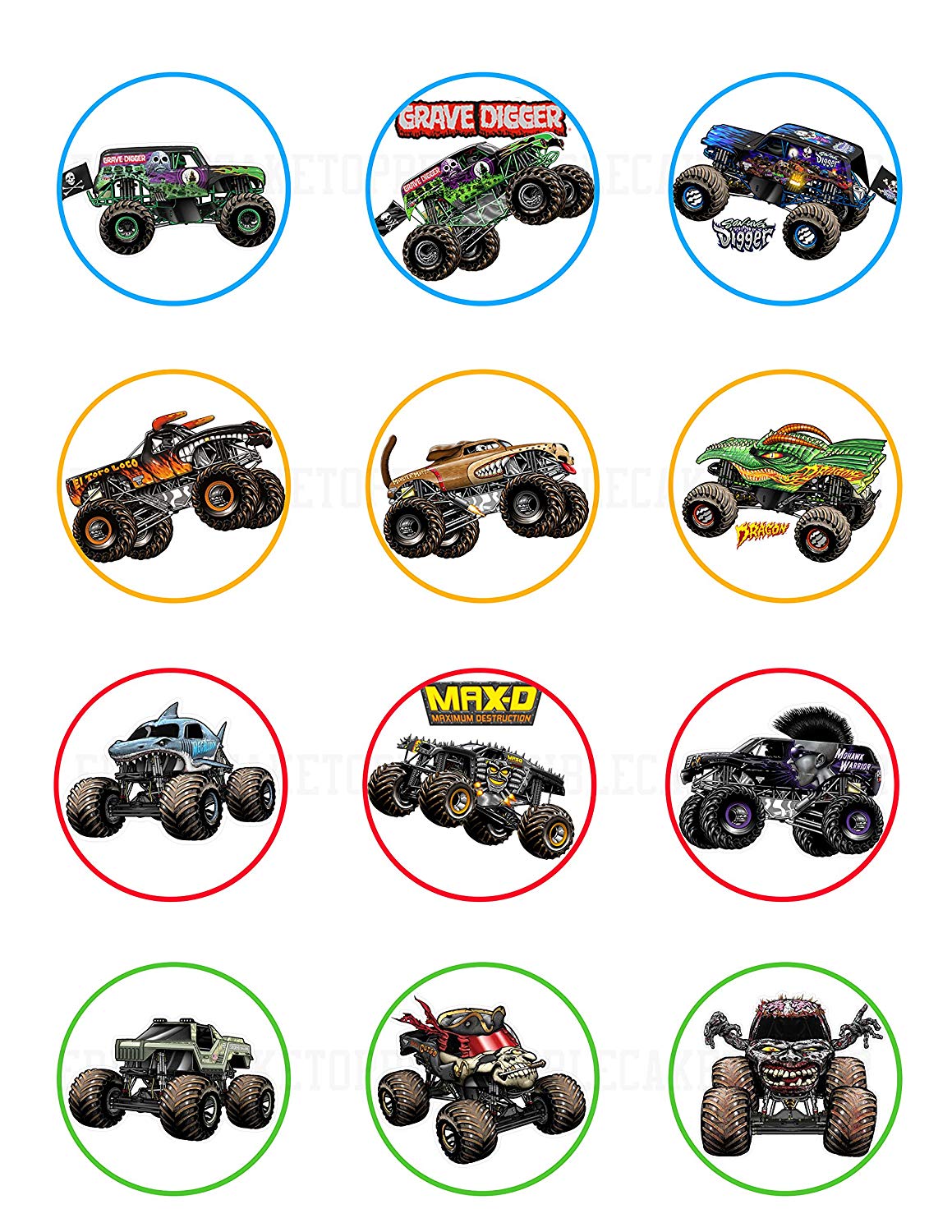 Monster Jam Monster Truck Grave Digger Edible Cupcake Toppers – R - Edible Cake Topper | Icing Sheet | Birthday Cake Decoration
