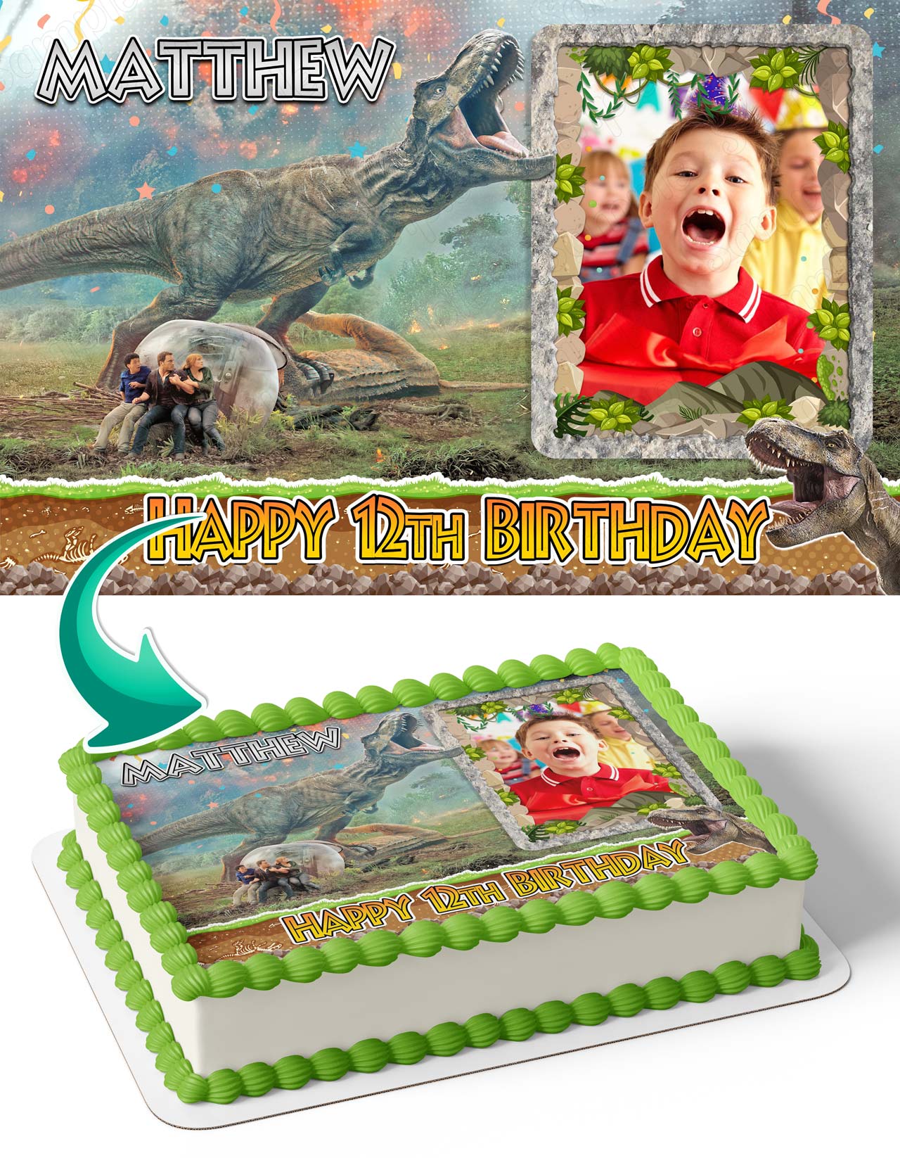 Jurassic Fallen Kingdom Dino Kids Photo Frame – Birthday Image - Personalized Edible Cake Topper | Custom Icing Sheet | Birthday Cake Decoration