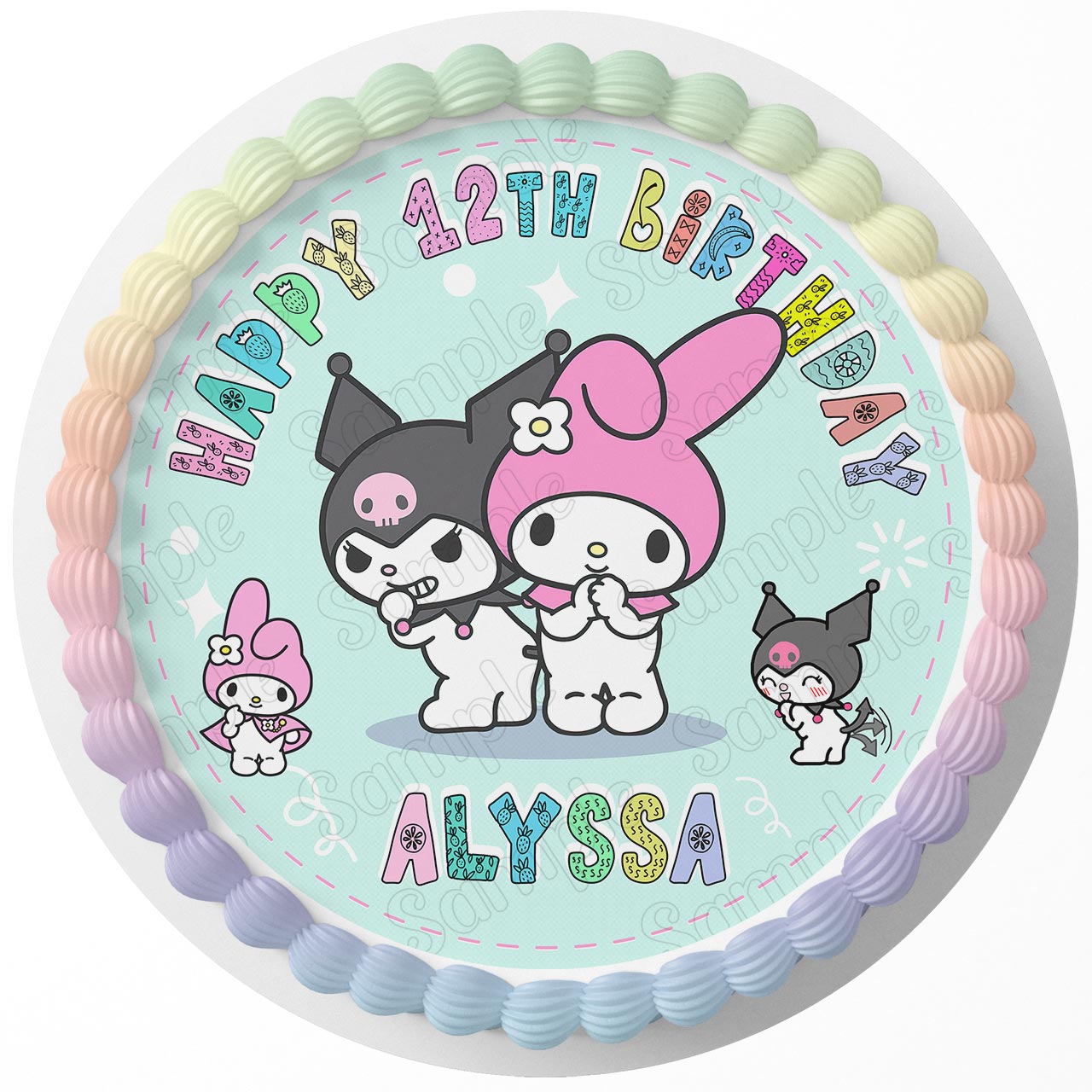 Kuromi and My Melody Hello Kitty Pink Round – Icing Sheet Birthday - Personalized Edible Cake Topper | Custom Icing Sheet | Birthday Cake Decoration