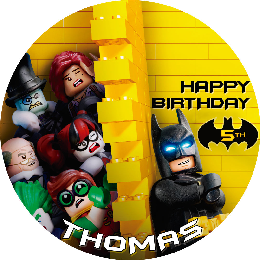 Lego Bat Kids man Round – Icing Sheet Birthday - Personalized Edible Cake Topper | Custom Icing Sheet | Birthday Cake Decoration
