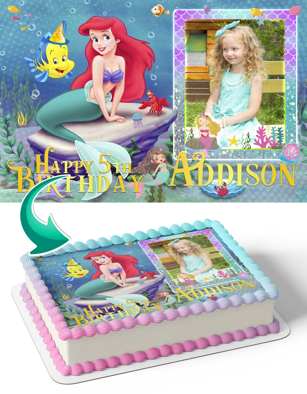 Little Mermaid Photo Frame – Birthday Image - Personalized Edible Cake Topper | Custom Icing Sheet | Birthday Cake Decoration | Photo Cake Image
