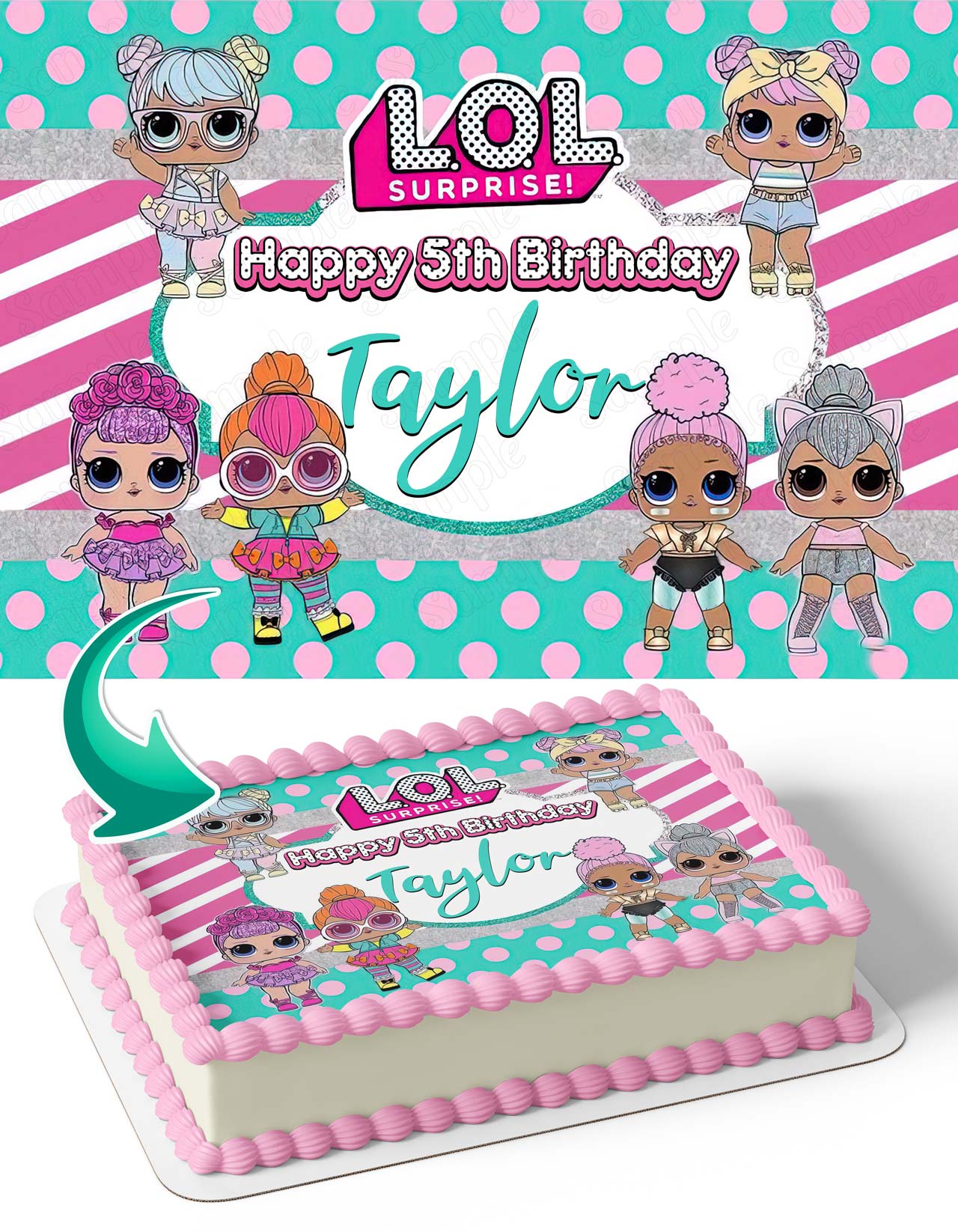 LOL Surprise Dolls Princess Girl Pink Aqua Edible Cake Topper