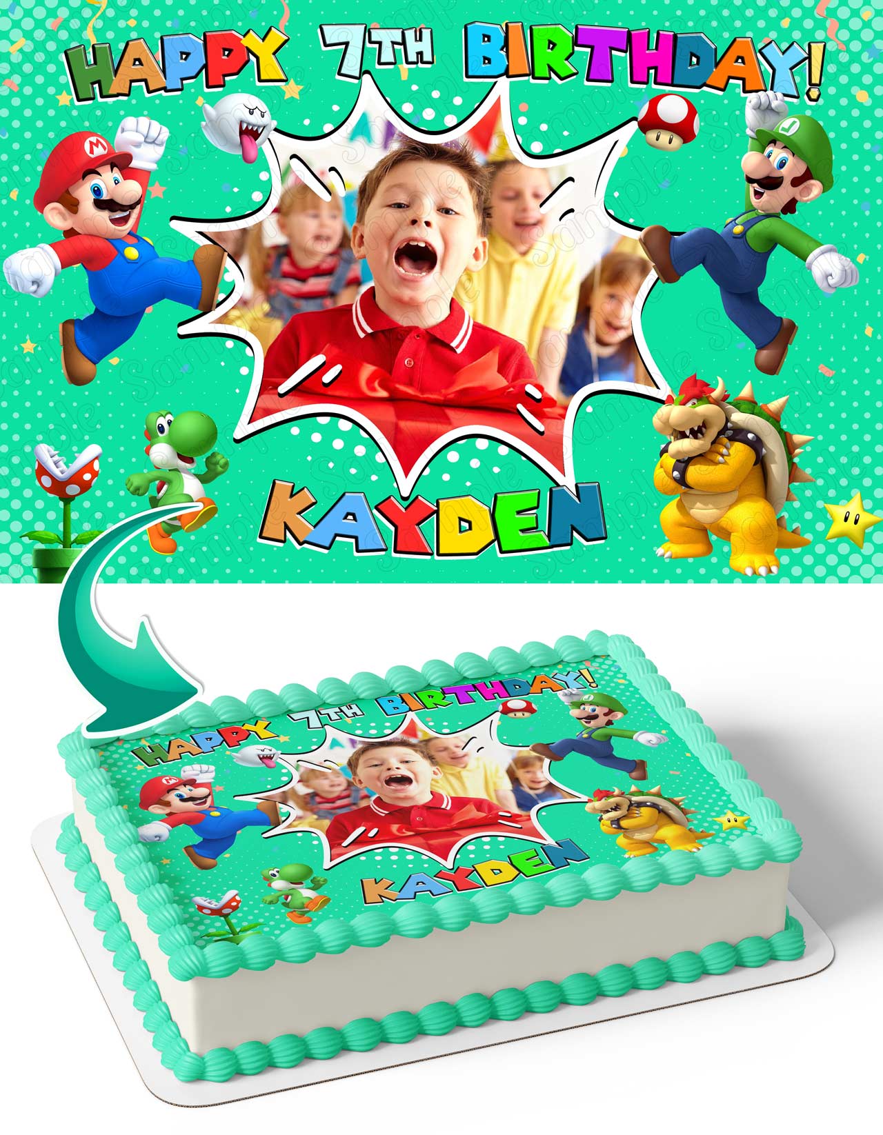 Mario Bowser Luigi Photo Frame – Birthday Image - Personalized Edible Cake Topper | Custom Icing Sheet | Birthday Cake Decoration