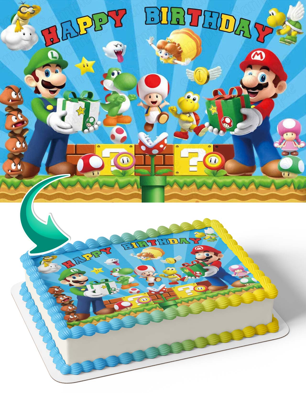 Mario Friends LuigiCastle Birthday Gift Box Edible Cake Topper