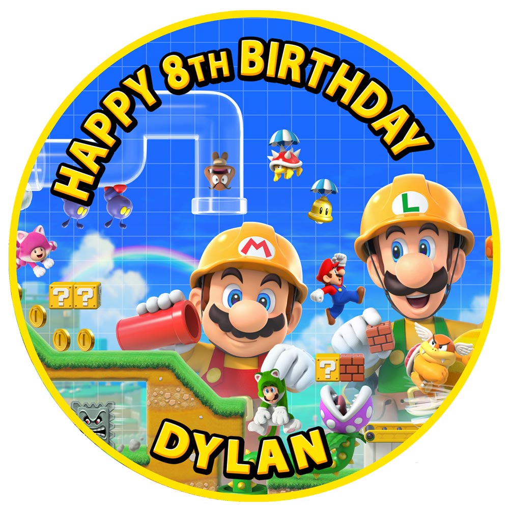 Mario Maker Round – Icing Sheet Birthday - Personalized Edible Cake Topper | Custom Icing Sheet | Birthday Cake Decoration | Photo Cake Image