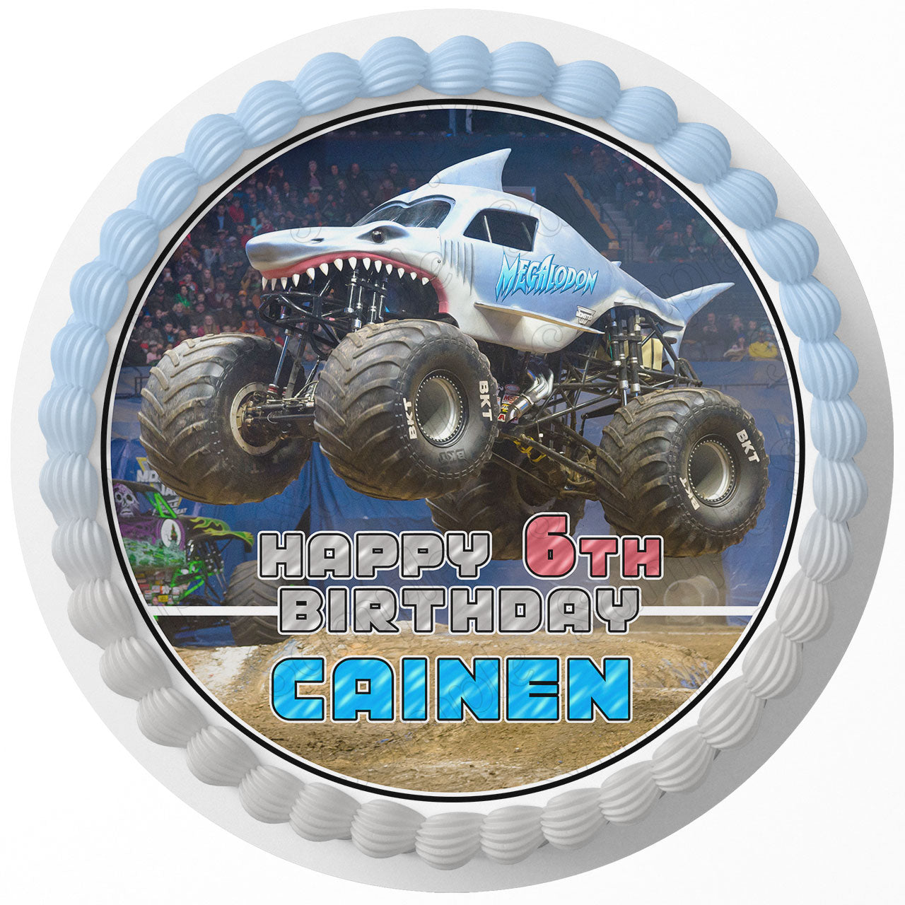 Megalodon Monster Trucks Round – Icing Sheet Birthday - Personalized Edible Cake Topper | Custom Icing Sheet | Birthday Cake Decoration