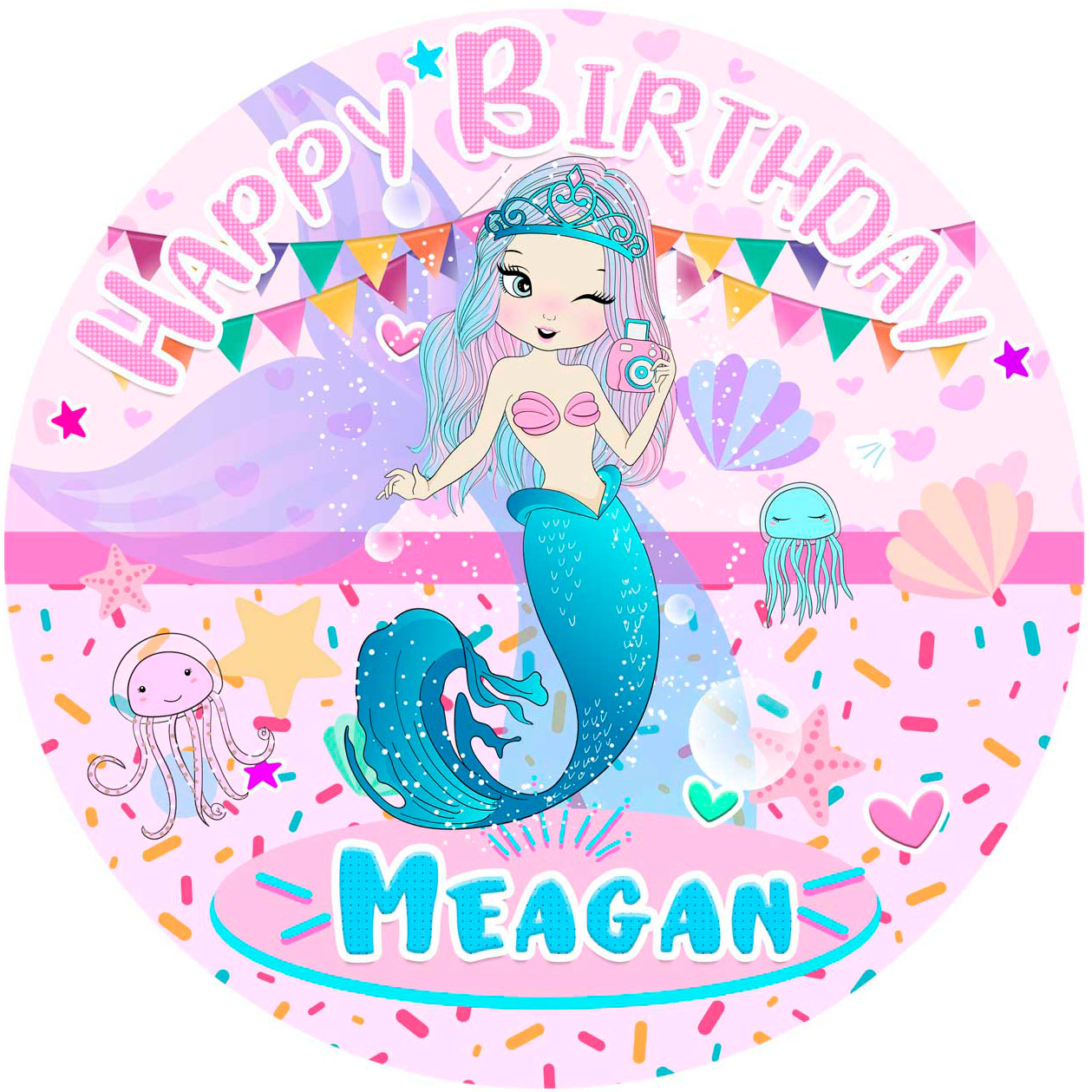 Mermaid Pink Girl Round – Icing Sheet Birthday - Personalized Edible Cake Topper | Custom Icing Sheet | Birthday Cake Decoration | Photo Cake Image