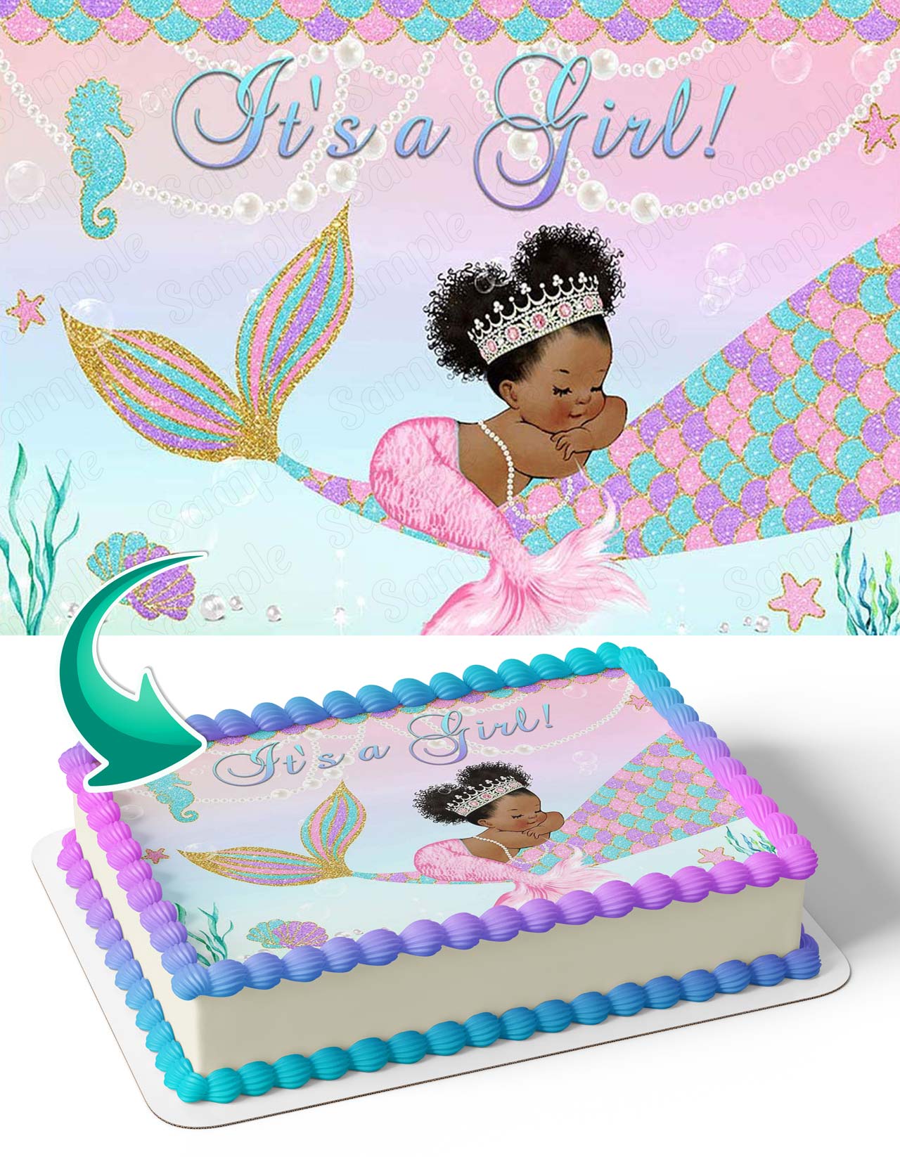 Mermaid Princess Baby Shower Under The Sea Glitter Tail Shell Crown African American Mermaid MPB Edible Cake Topper