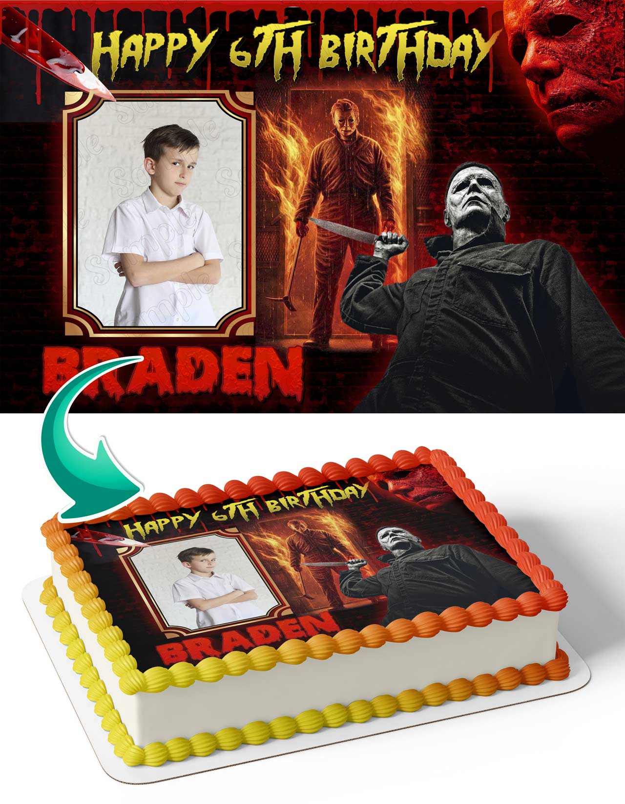 Michael Myers Horror Photo Frame – Birthday Image - Personalized Edible Cake Topper | Custom Icing Sheet | Birthday Cake Decoration