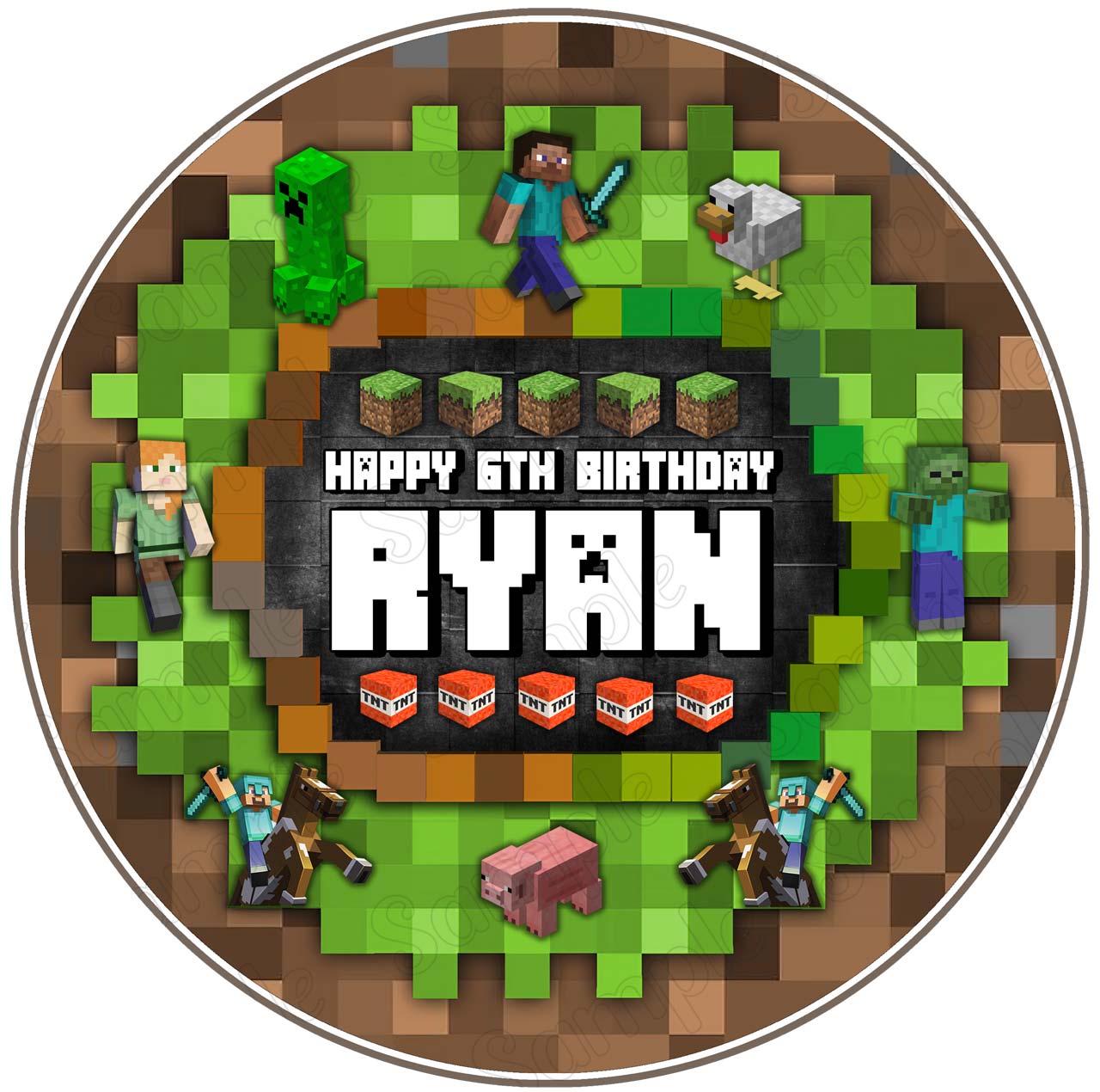 MineCraft Kids Blocks Game Block Pixel Steve Creeper Round – Icin - Personalized Edible Cake Topper | Custom Icing Sheet | Birthday Cake Decoration