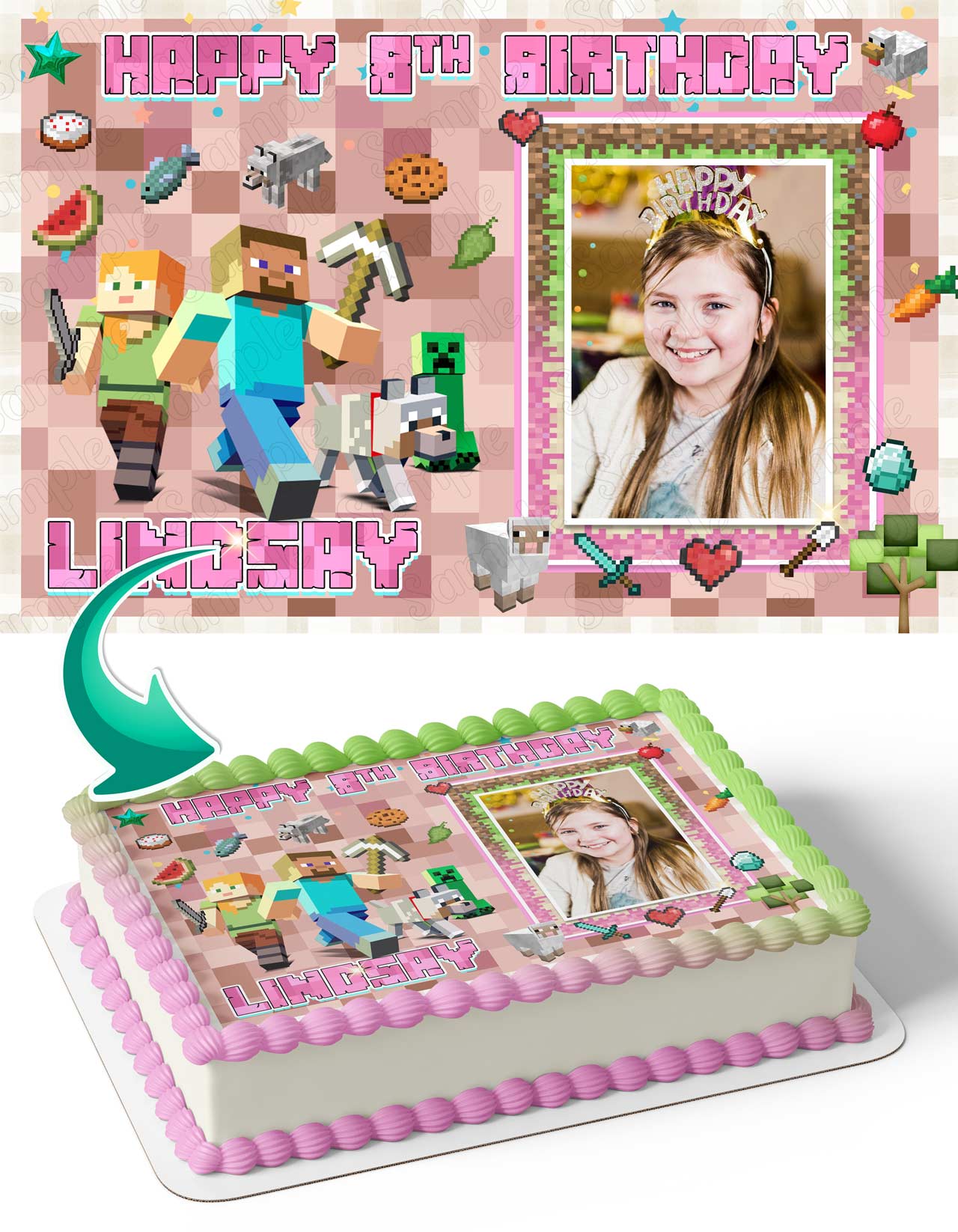 Minecraft Girls Photo Frame – Birthday Image - Personalized Edible Cake Topper | Custom Icing Sheet | Birthday Cake Decoration | Photo Cake Image
