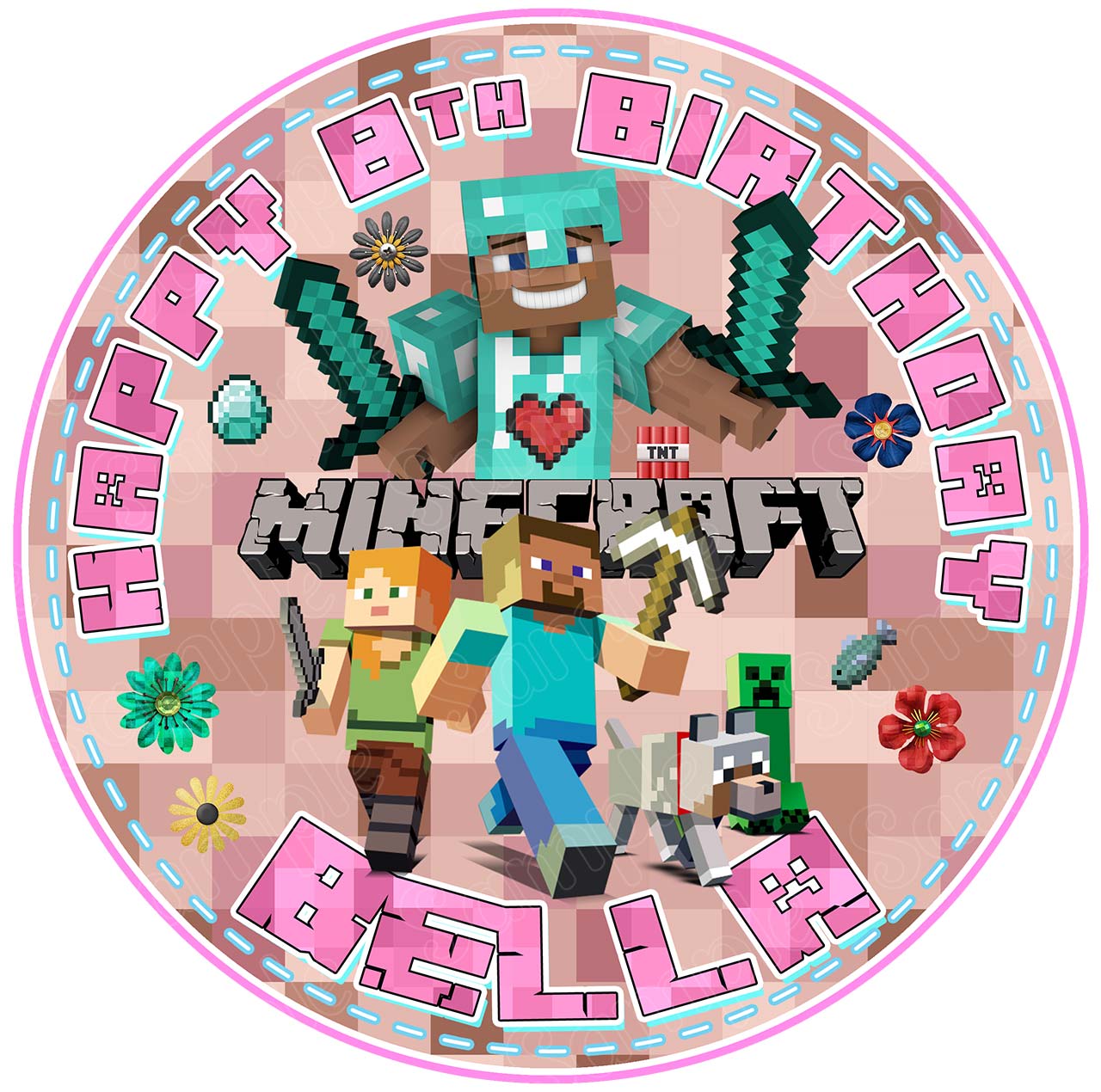 MineCraft Kids Blocks Game Pink Girls Round – Icing Sheet Birthda - Personalized Edible Cake Topper | Custom Icing Sheet | Birthday Cake Decoration