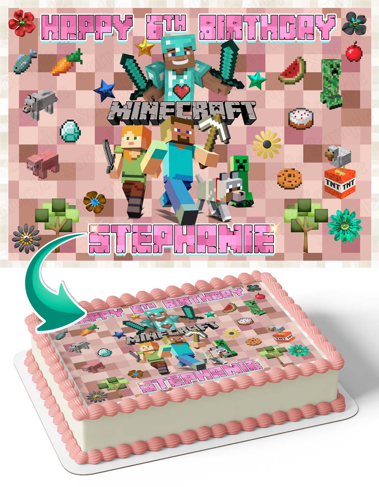 Mine Blocks Pixel Craft Pink Girls Pixel Edible Cake Topper