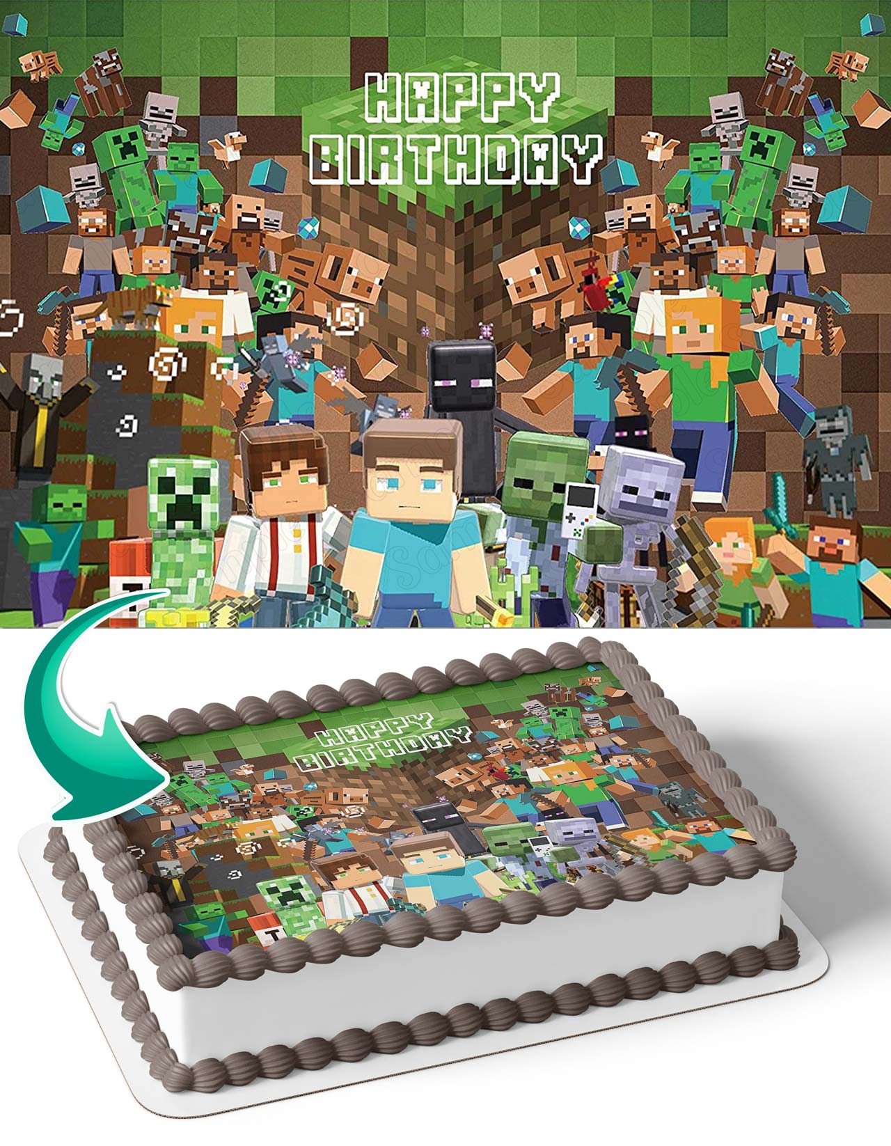 Mine Blocks Pixel Craft Pixel Creeper Steve LK Edible Cake Topper
