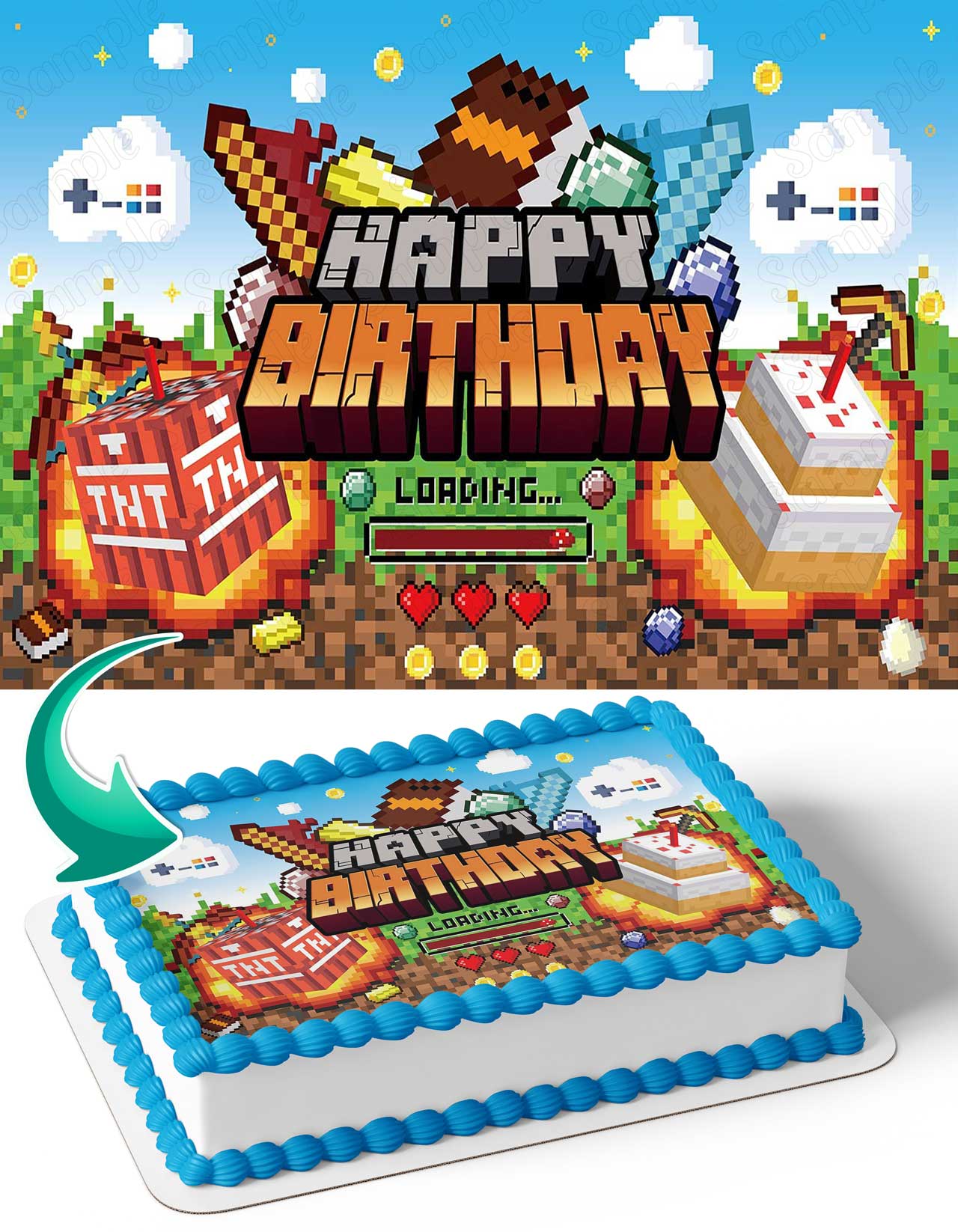 Mine Blocks Pixel Craft Pixel Creeper Steve TNT Edible Cake Topper