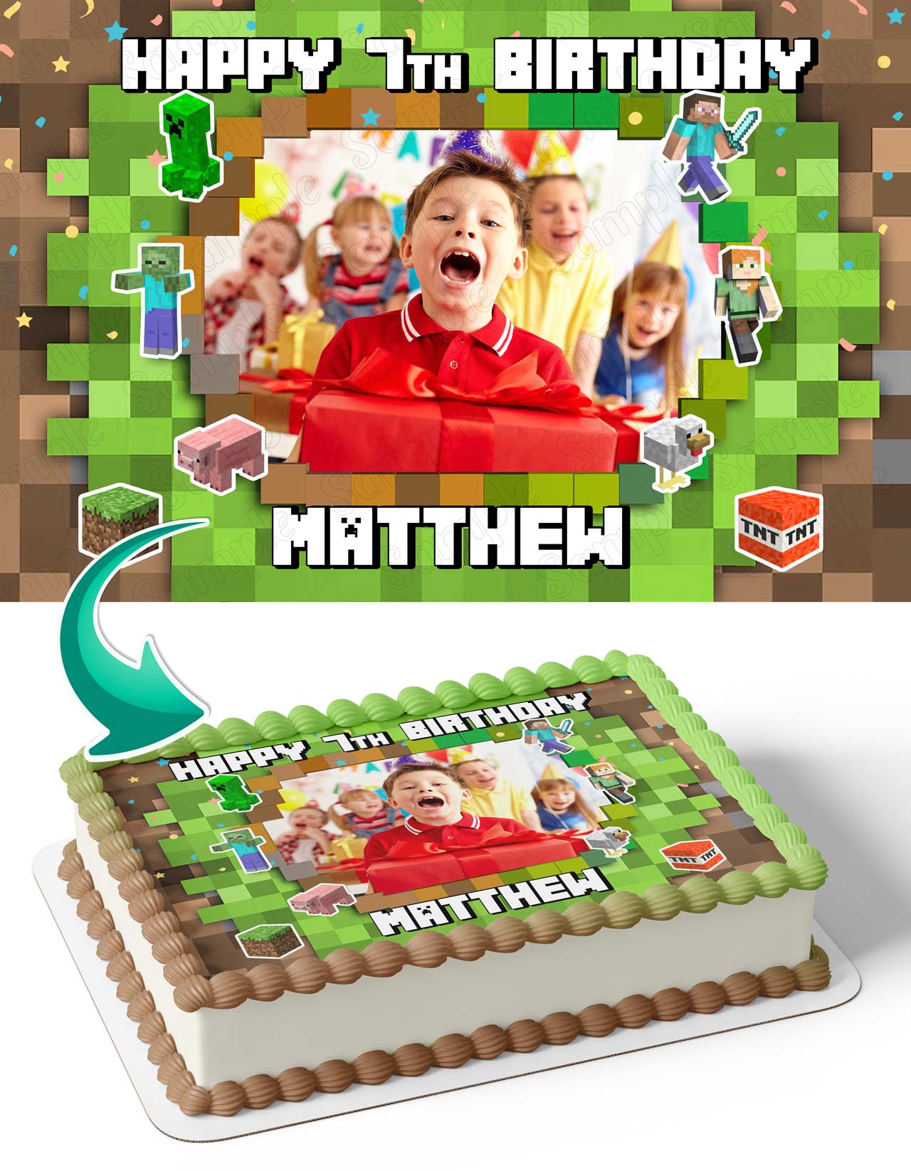 Minecraft Pixel Photo Frame – Birthday Image - Personalized Edible Cake Topper | Custom Icing Sheet | Birthday Cake Decoration | Photo Cake Image