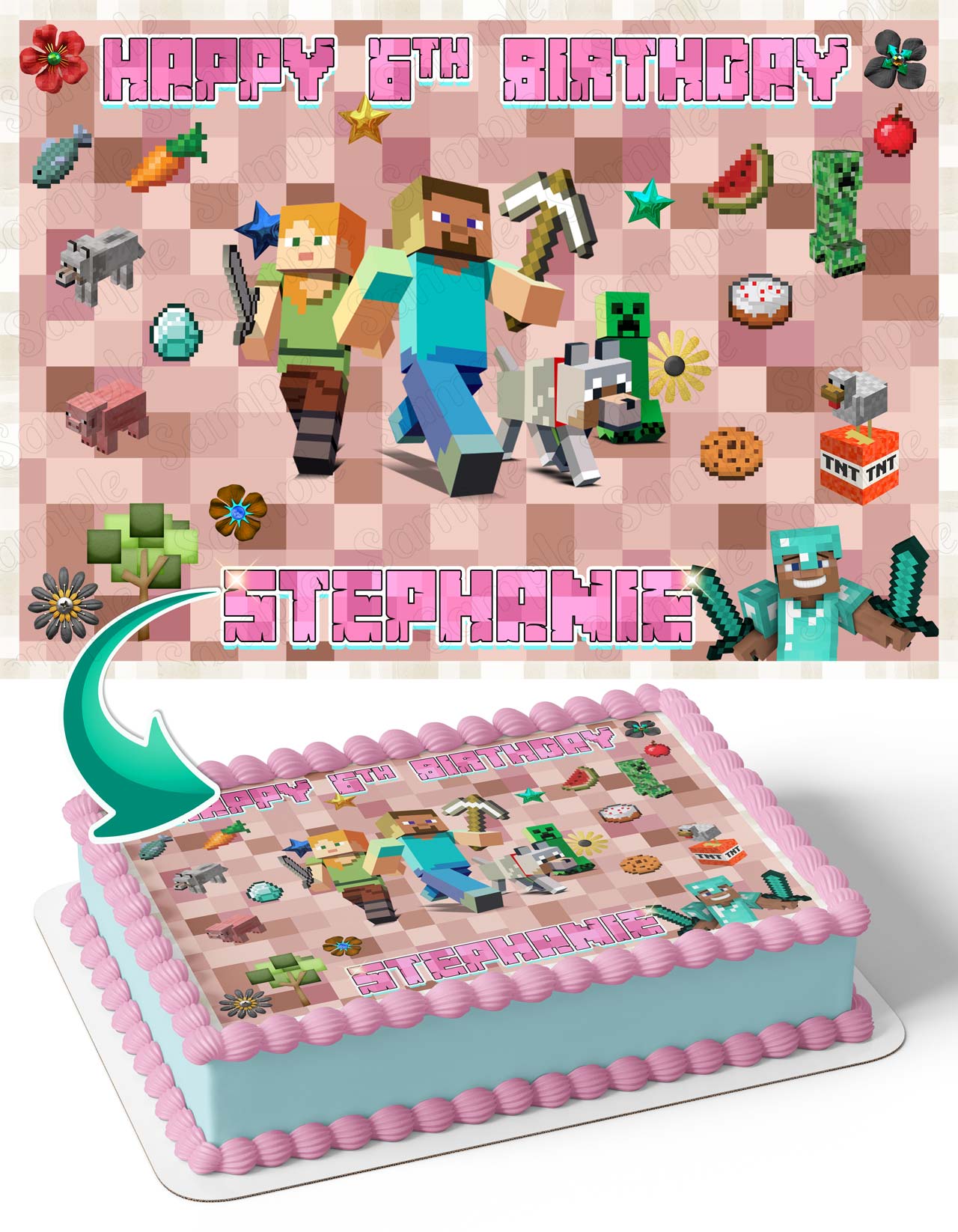 Mine Blocks Pixel Craft Theme Girls Pink Edible Cake Topper