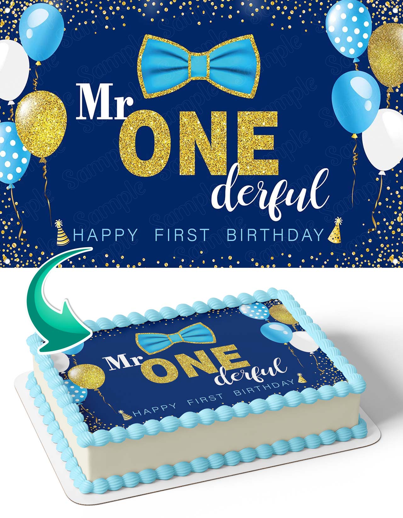 Mr One Derful Baby Boy 1st Blue Gold Edible Cake Topper