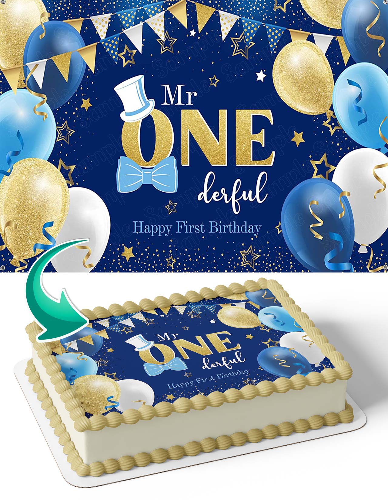 Mr One Derful Baby Boy 1st Gold Cute Edible Cake Topper
