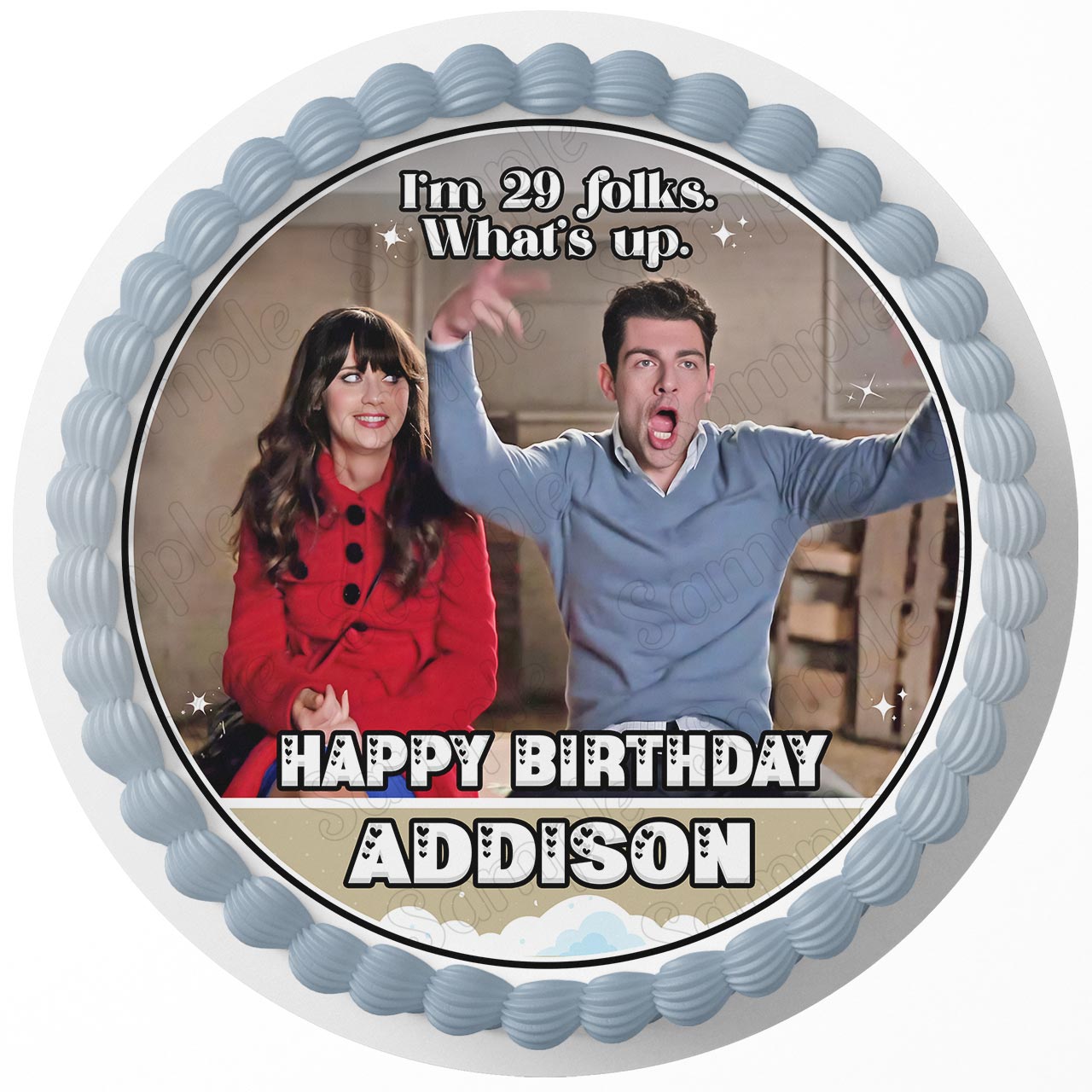 New Girl 29 TWENTY NINE Schmidt Jessica Day Round – Icing Sheet B - Personalized Edible Cake Topper | Custom Icing Sheet | Birthday Cake Decoration