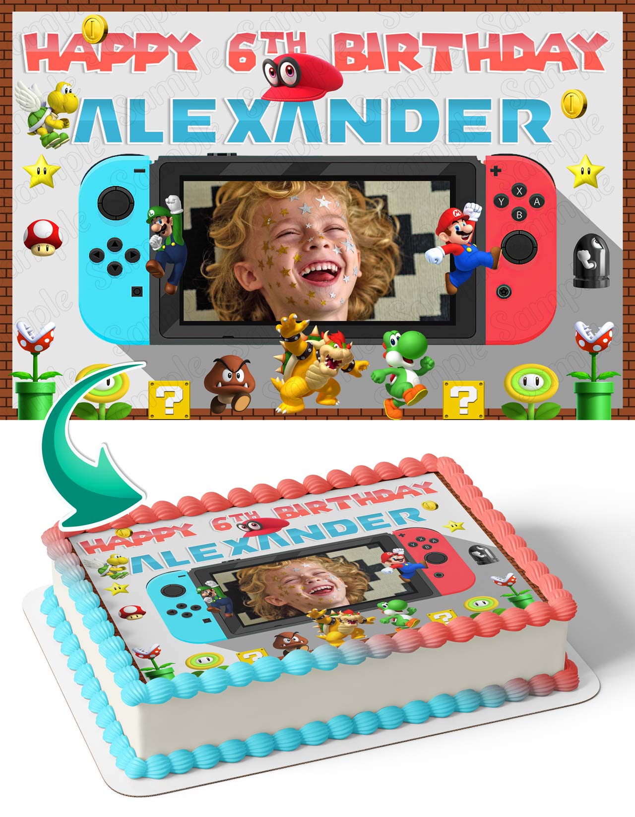 Nintengo Switch Mario Luigi Friends Photo Frame – Birthday Image - Personalized Edible Cake Topper | Custom Icing Sheet | Birthday Cake Decoration