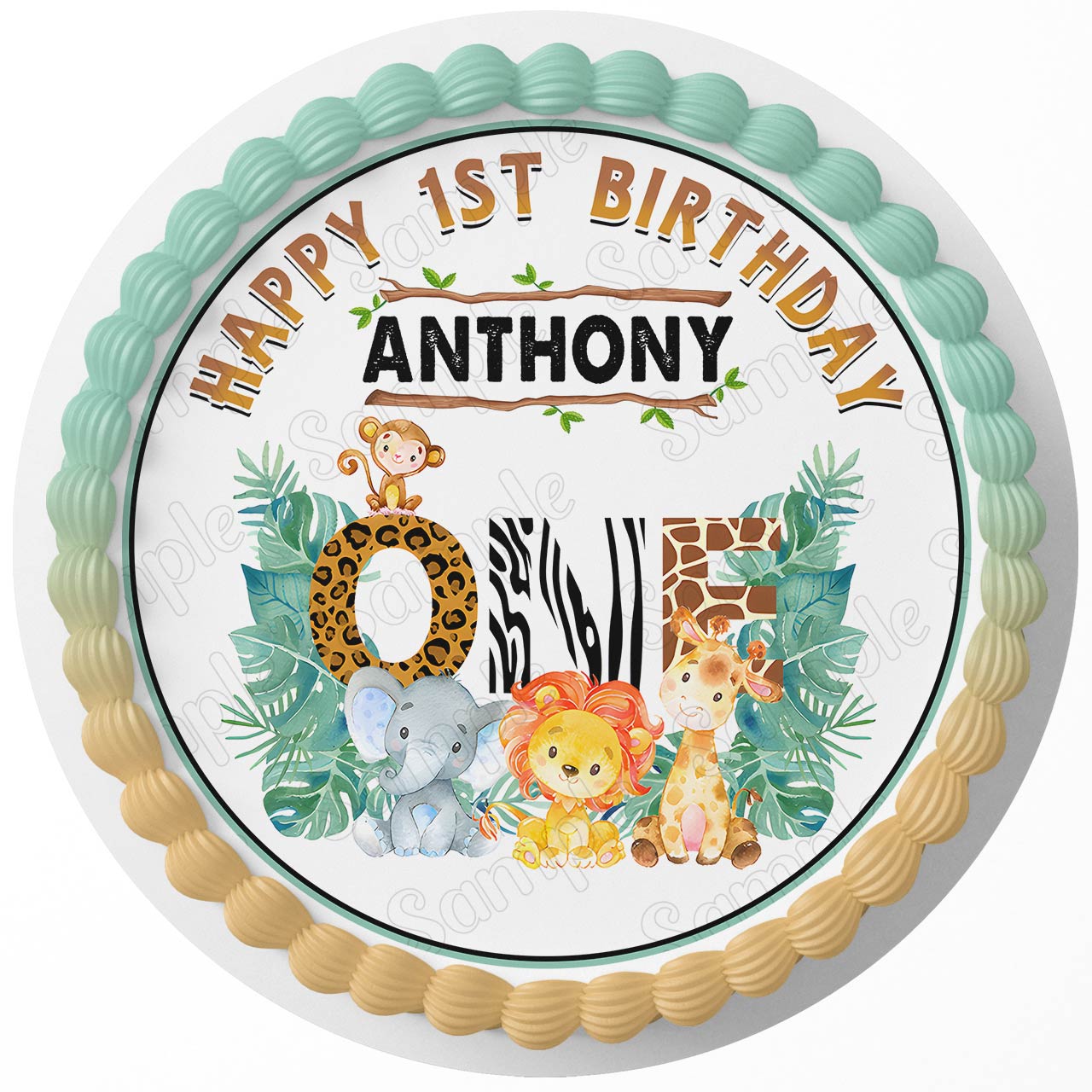 One Year Jungle Safari Animals Wild PRL Round – Icing Sheet Birth - Personalized Edible Cake Topper | Custom Icing Sheet | Birthday Cake Decoration