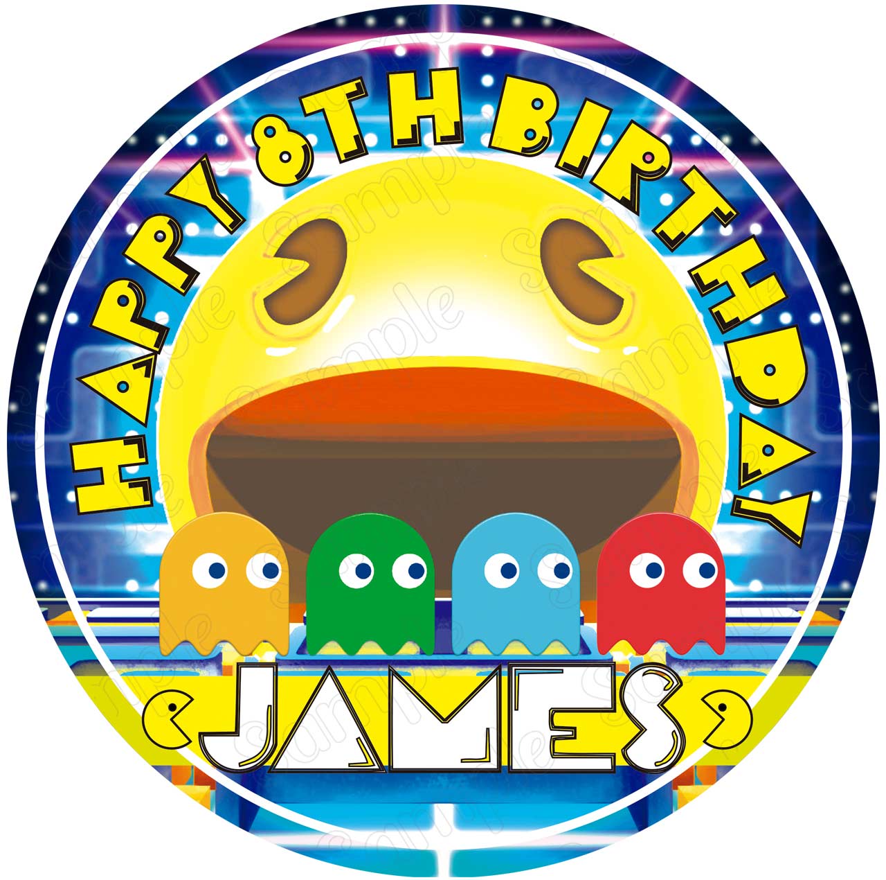 Pacman Kids Retro Gamer Man Round – Icing Sheet Birthday - Personalized Edible Cake Topper | Custom Icing Sheet | Birthday Cake Decoration