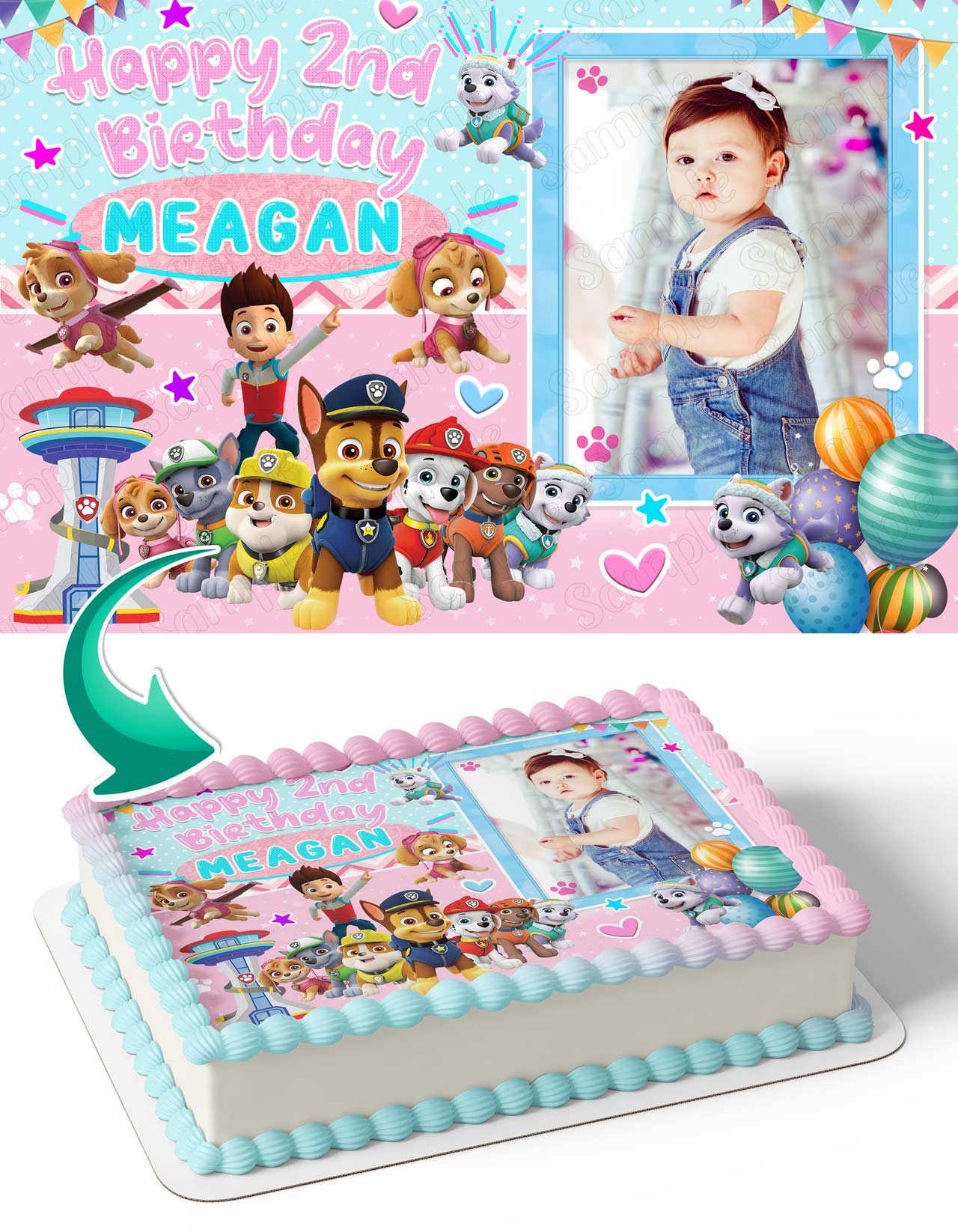 Puppies Patrol Super Heroes Pups Skye Girls Pink Photo Frame – Bi - Personalized Edible Cake Topper | Custom Icing Sheet | Birthday Cake Decoration