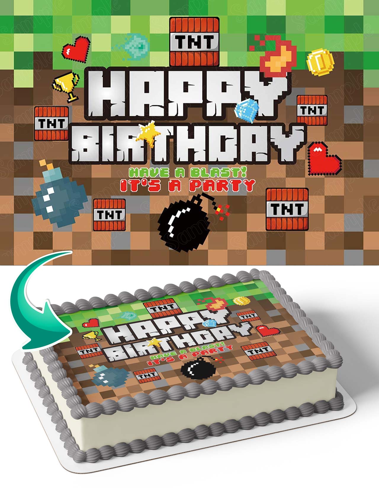 Pixel Mine Blocks Pixel Craft Birthday Party HT Edible Cake Topper