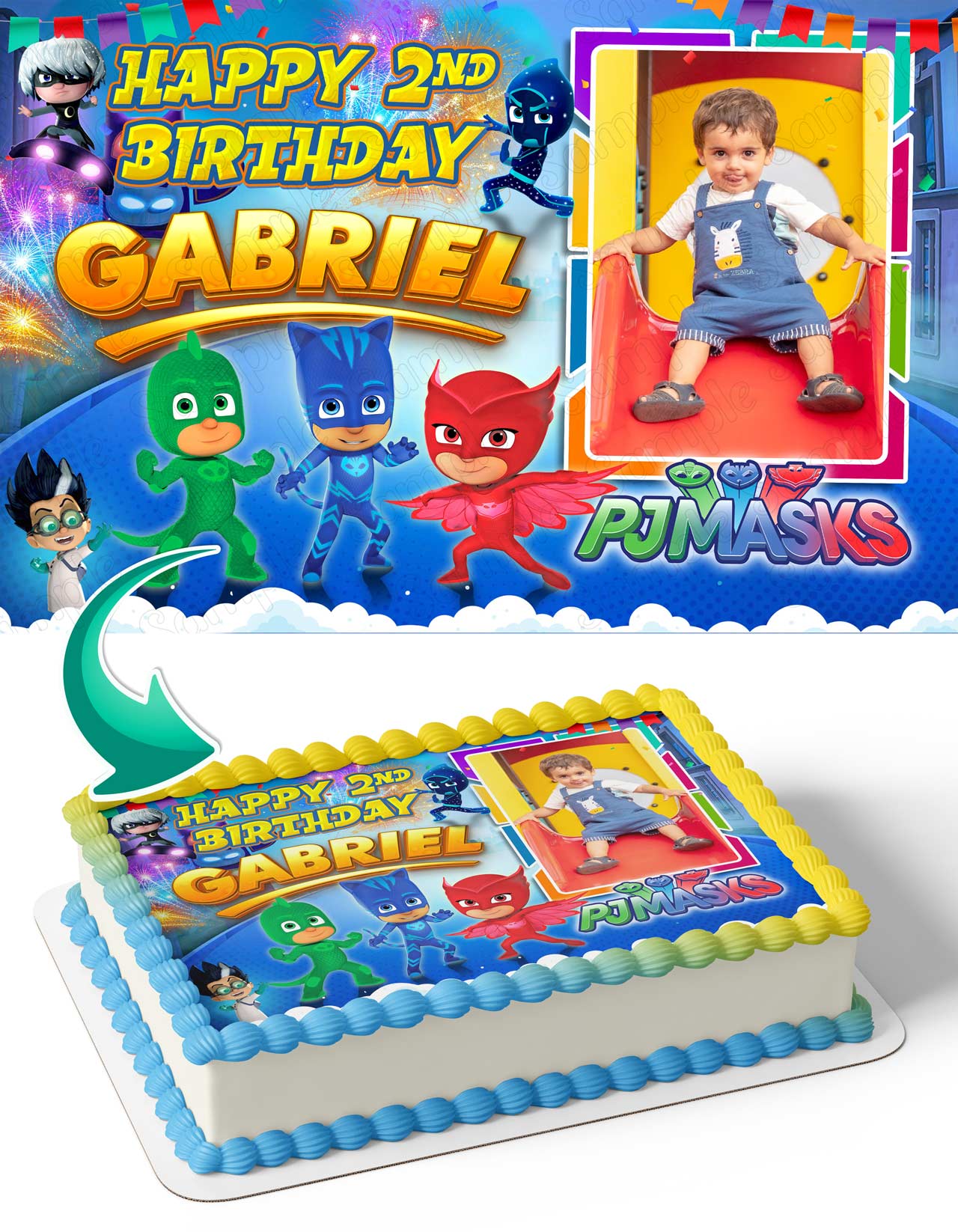 PJ Masks Kids Photo Frame – Birthday Image - Personalized Edible Cake Topper | Custom Icing Sheet | Birthday Cake Decoration | Photo Cake Image