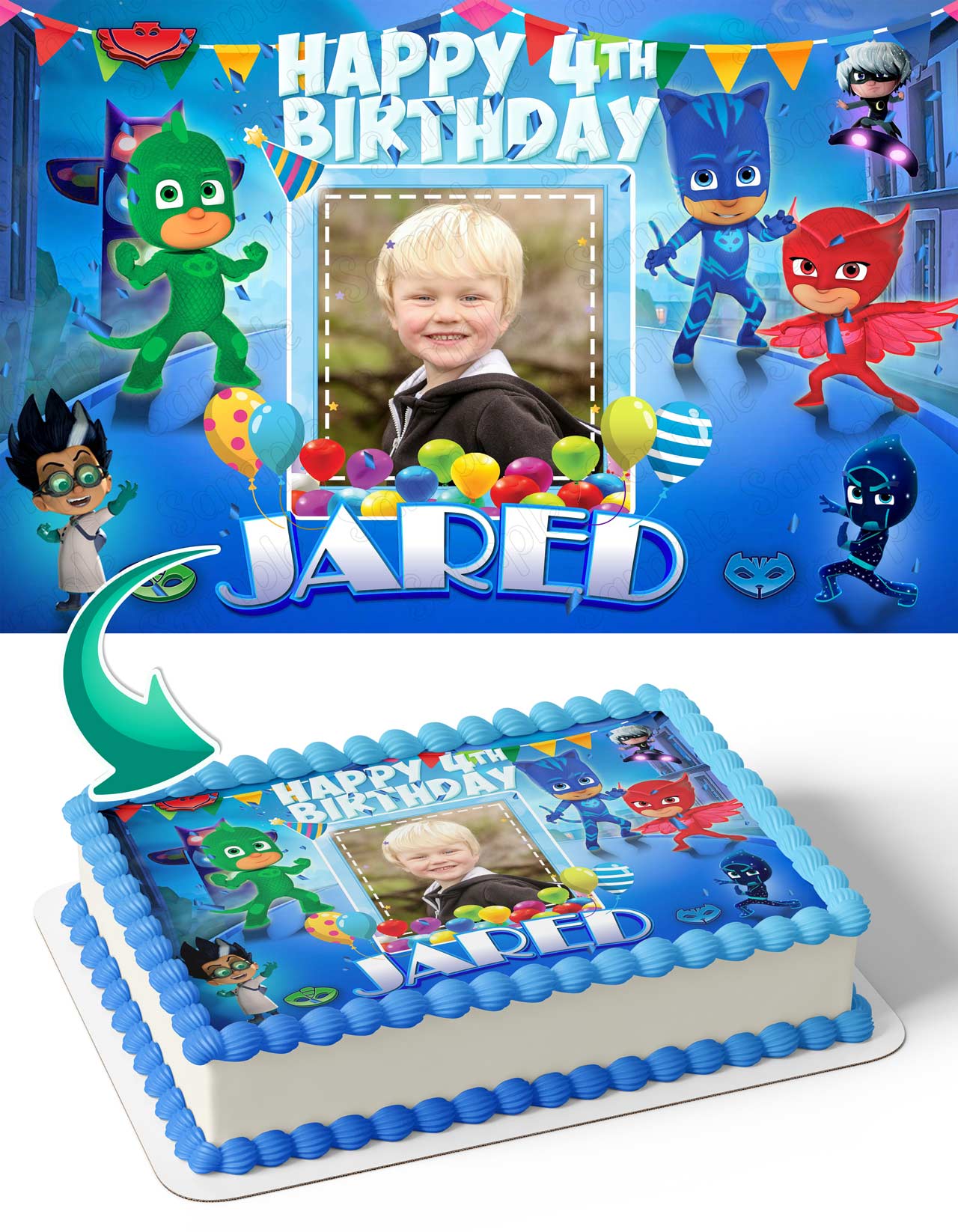PJ Masks Gekko Cat Boy Owlette Photo Frame – Birthday Image - Personalized Edible Cake Topper | Custom Icing Sheet | Birthday Cake Decoration
