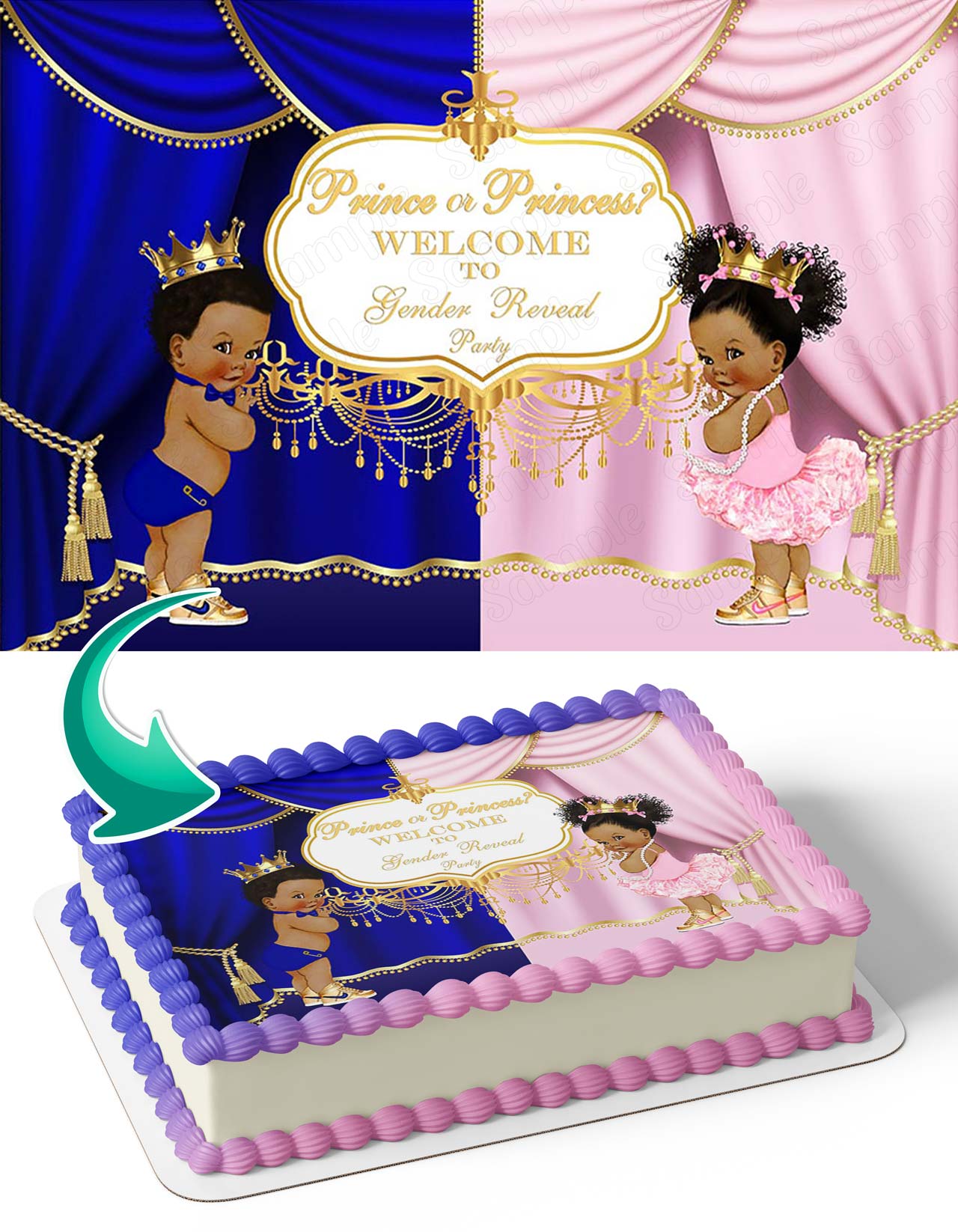 Prince or Princess African American Welcome to Gender Reveal Party PPG Edible Cake Topper