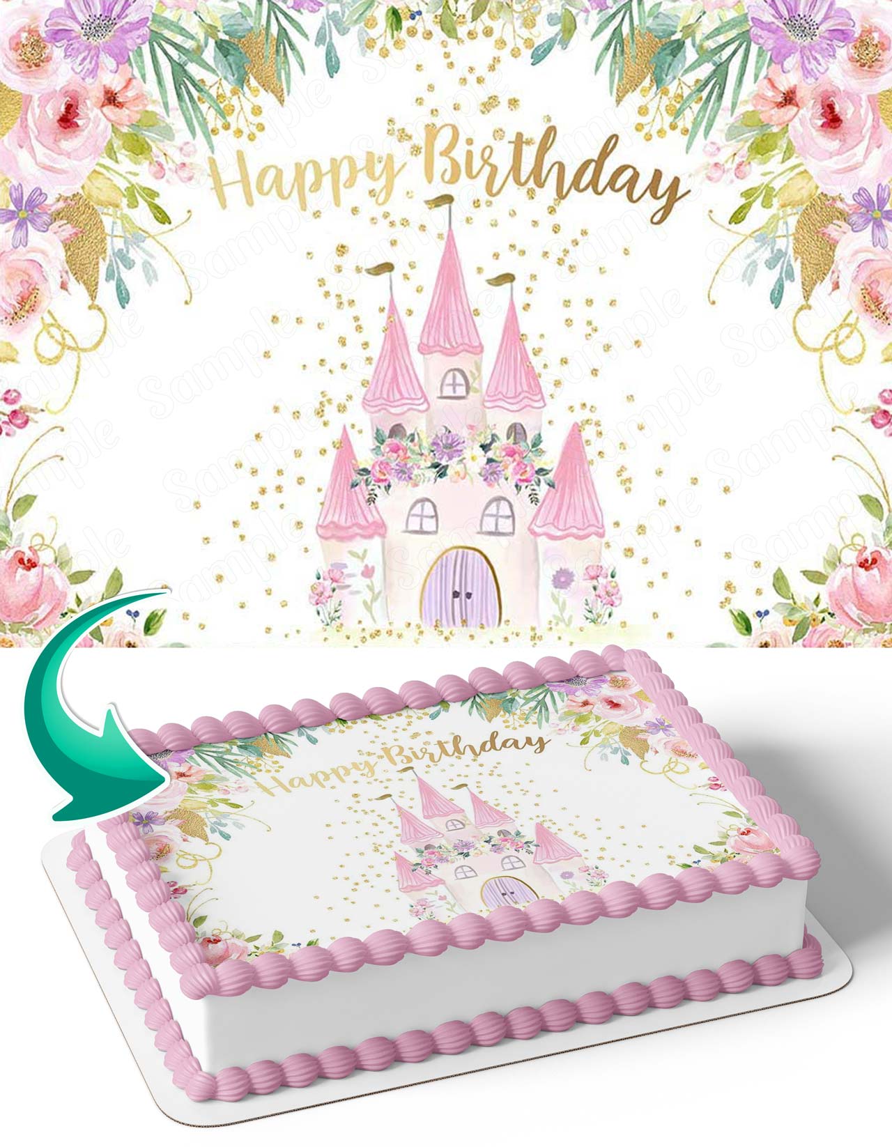 Princess Castle Flowers Girl Edible Cake Topper