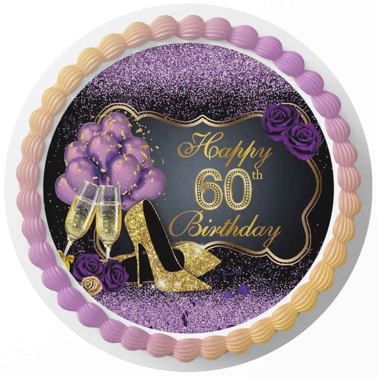 Purple Gold Champagne Glitter Shoes 60 Round – Icing Sheet Birthd - Personalized Edible Cake Topper | Custom Icing Sheet | Birthday Cake Decoration