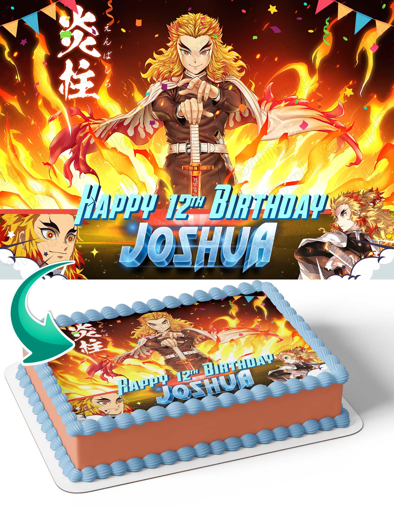 Rengoku Kyojura Demon Figher Kids Slayer Edible Cake Topper