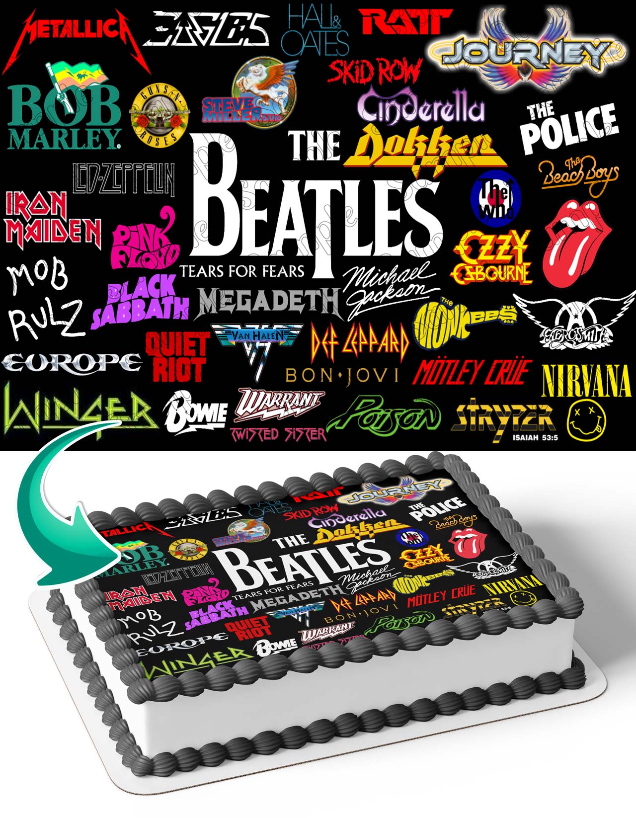 Rock Bands Metalica Beatles Nirvana Police Bob Marley Poison Journey Edible Cake Topper