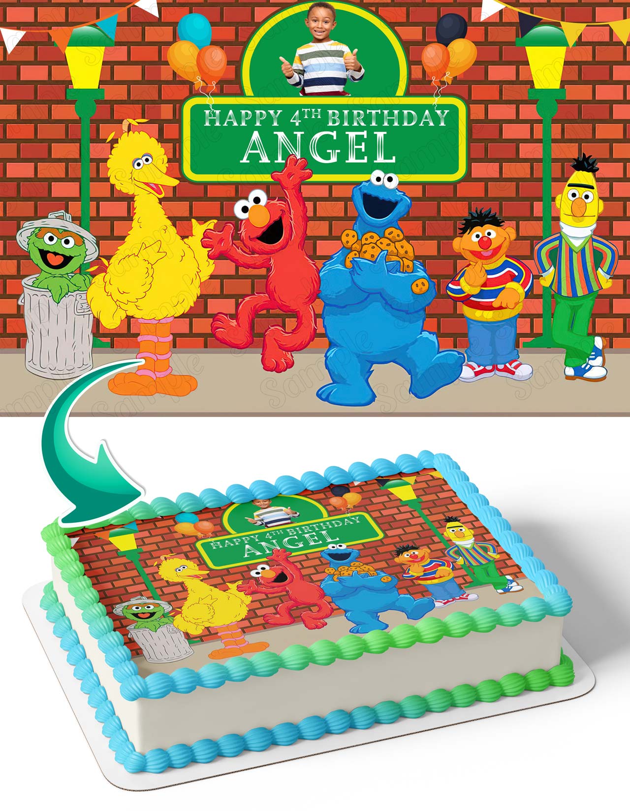 Sesame Elmo Cookie Monster Photo Frame – Birthday Image - Personalized Edible Cake Topper | Custom Icing Sheet | Birthday Cake Decoration