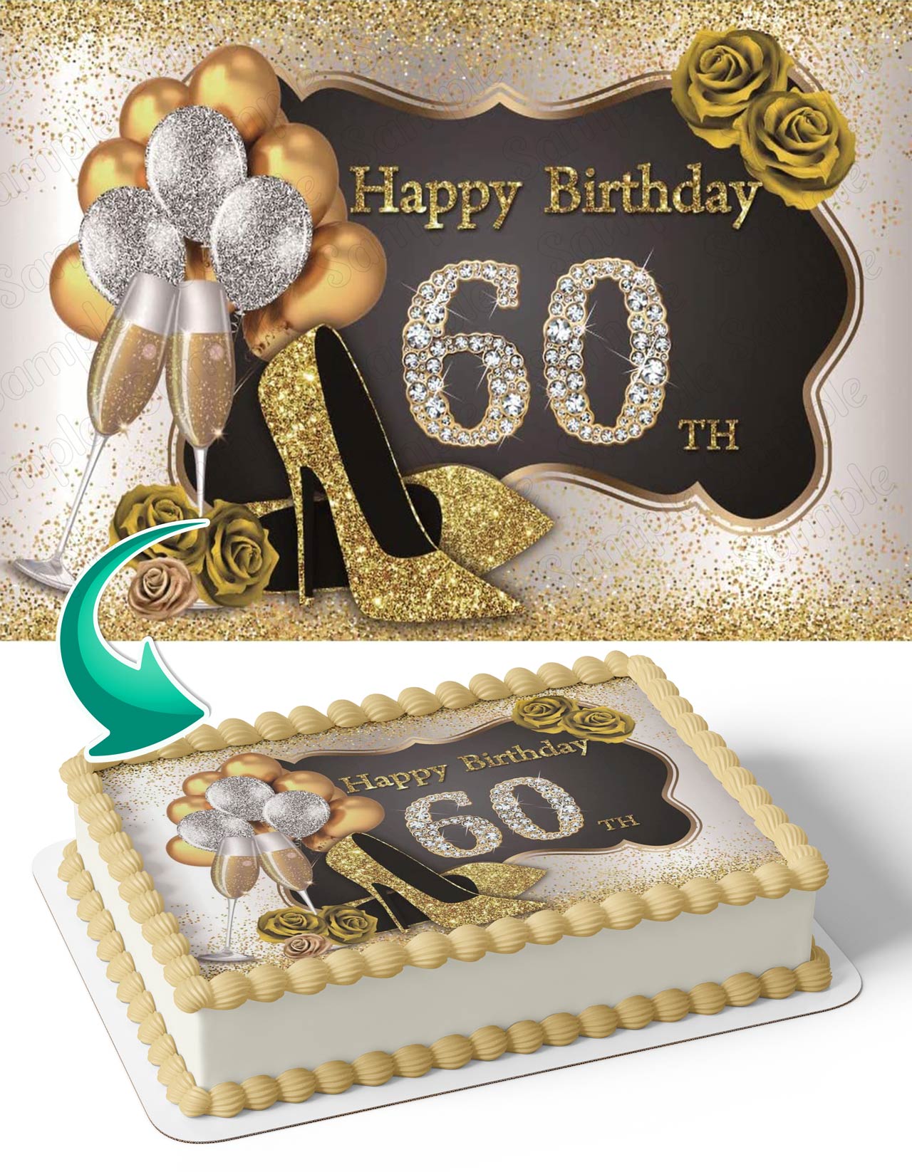 Silver And Gold Champagne Balloons Glitter Shoes 60 Edible Cake Topper