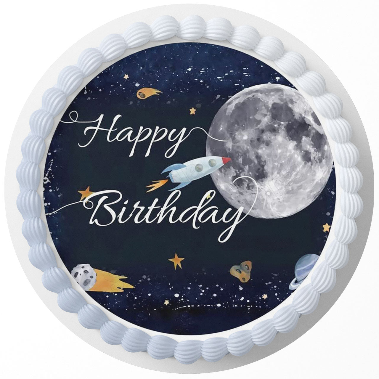 Space Rocket Moon DQT Round – Icing Sheet Birthday - Personalized Edible Cake Topper | Custom Icing Sheet | Birthday Cake Decoration