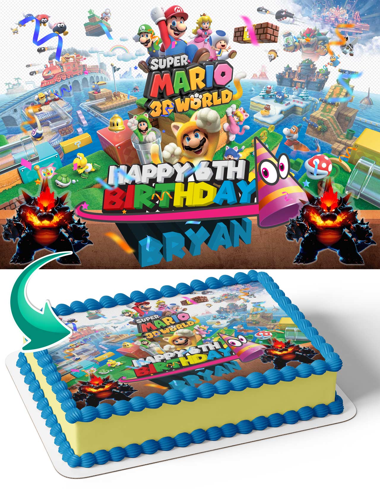 Super Brother Maro 3D World Bowser Fury Edible Cake Topper