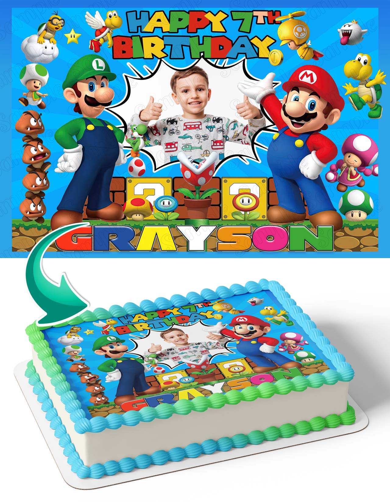 Super Mario Luigi Bros Photo Frame – Birthday Image - Personalized Edible Cake Topper | Custom Icing Sheet | Birthday Cake Decoration