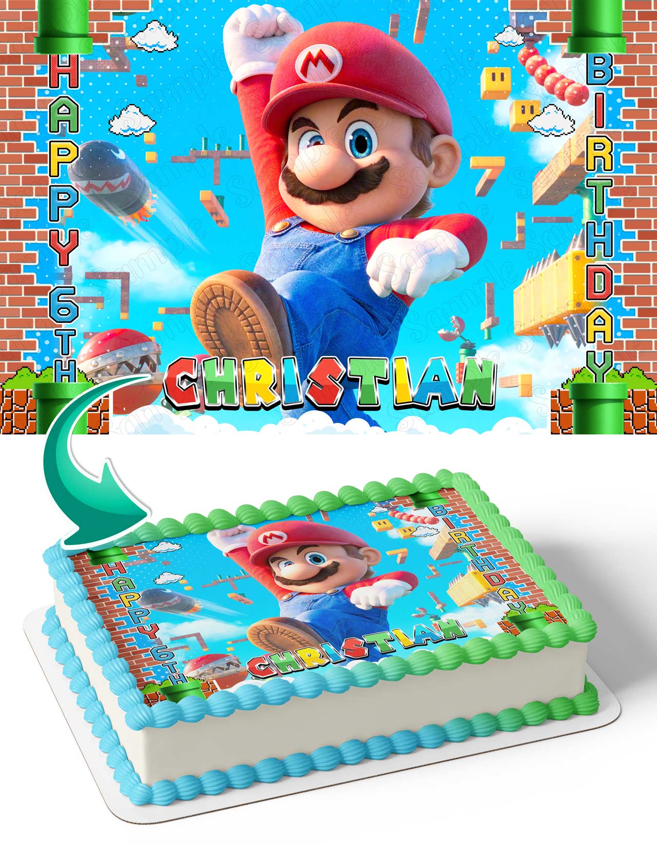 The Super Brother Maro Bros Movie Themed Mario Blue Edible Cake Topper