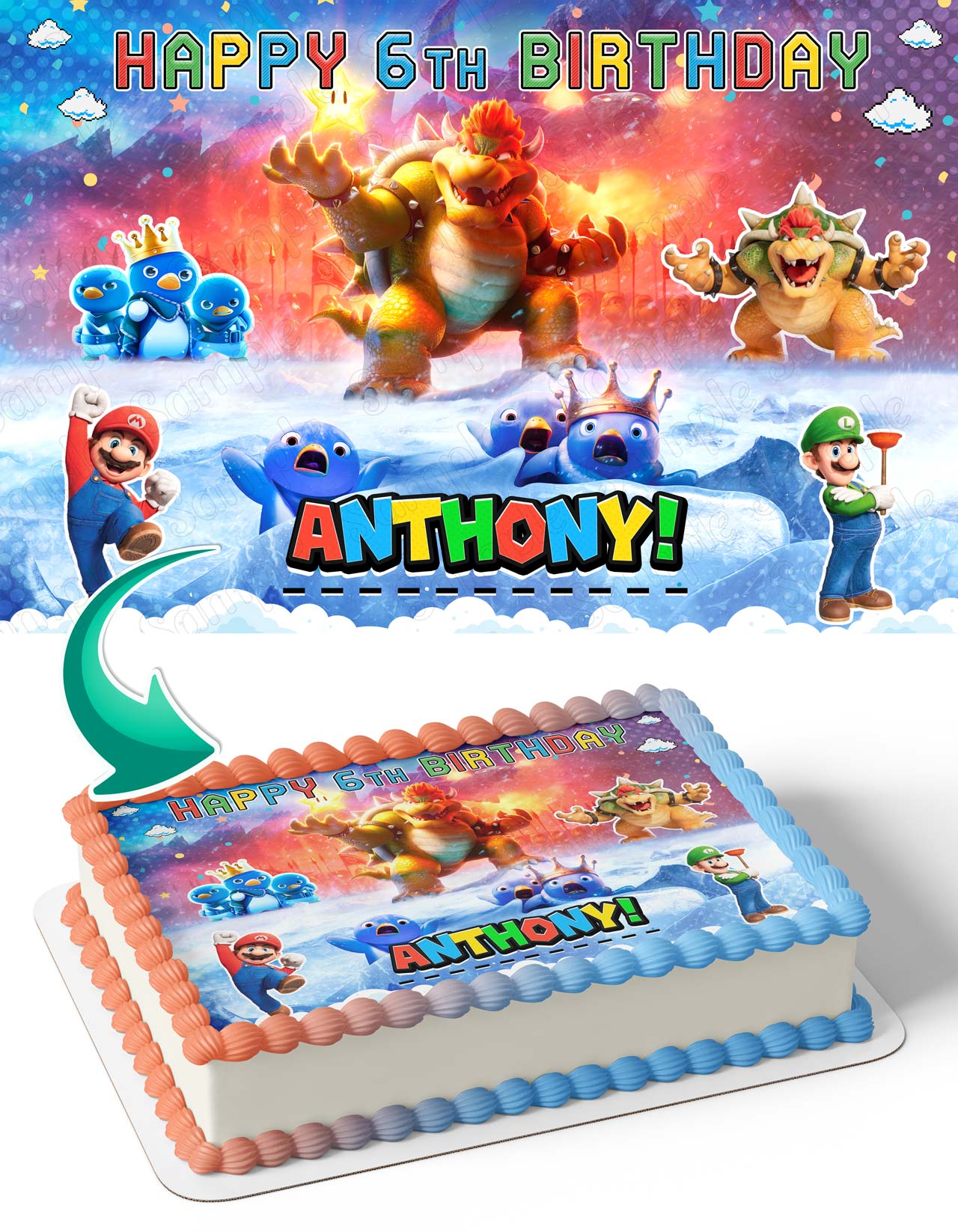 The Super Brother Maro Bros Movie Bowser Penguins Edible Cake Topper
