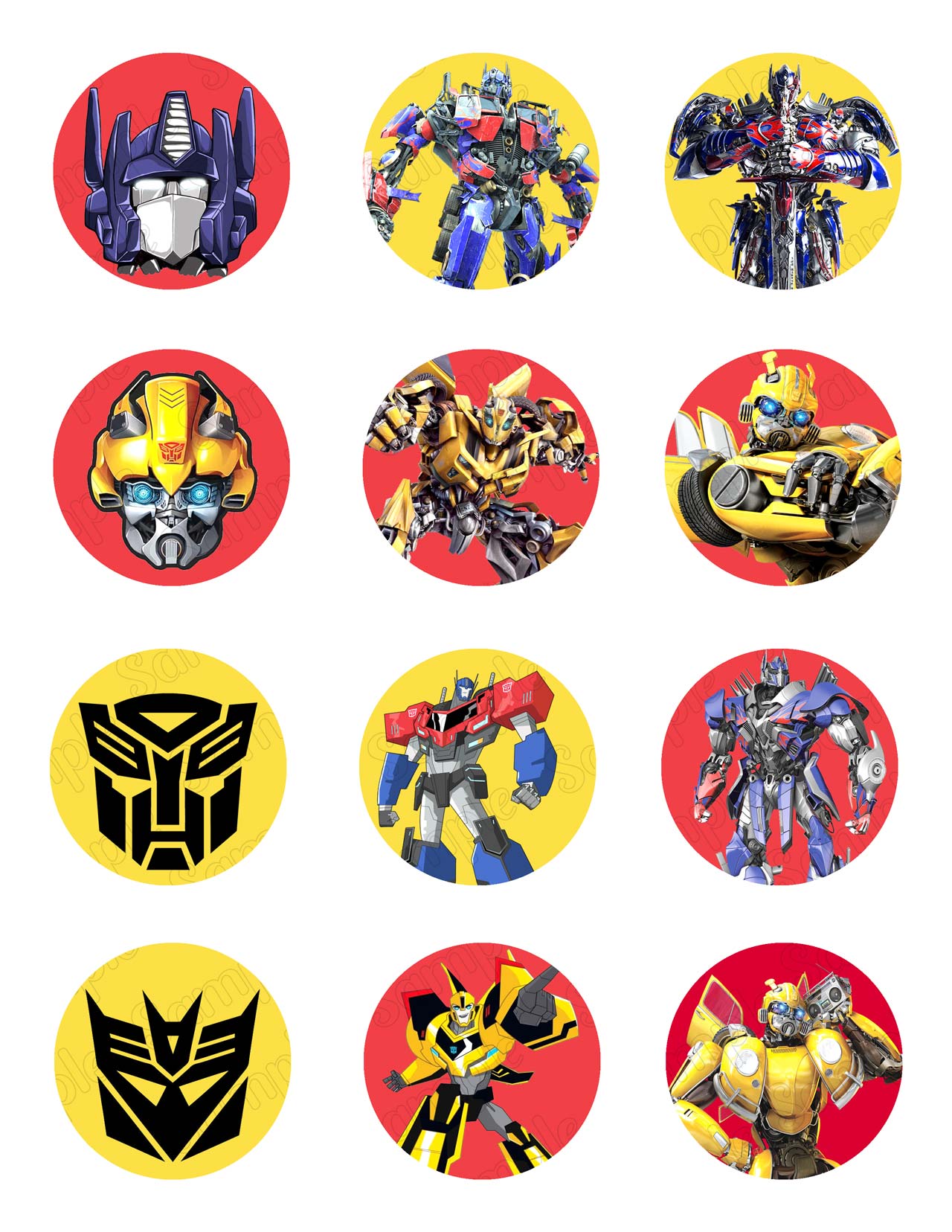 Tranformer Bumblebee Edible Cupcake Toppers – Round Icing Sheet B - Edible Cake Topper | Icing Sheet | Birthday Cake Decoration