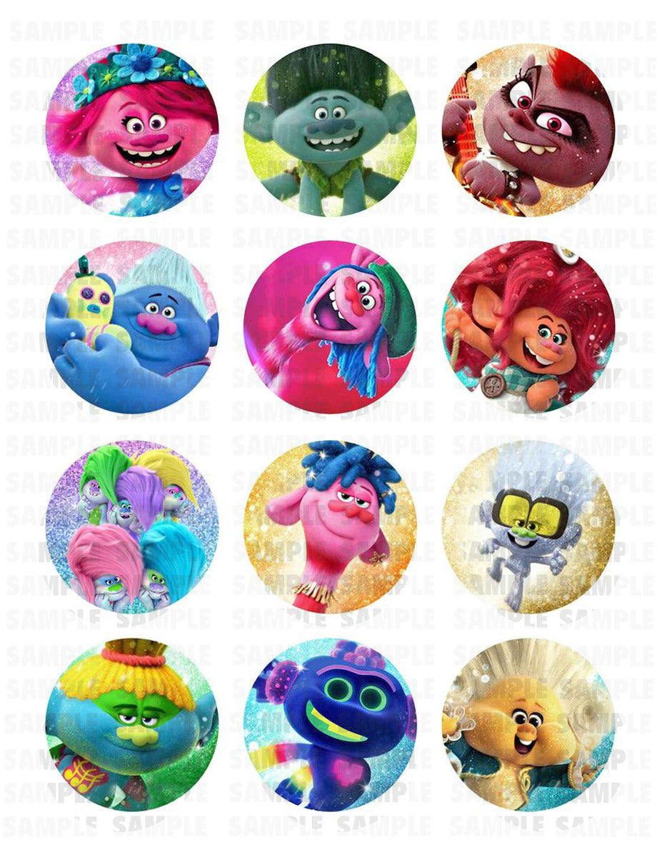 Trolls World Tour Baby Edible Cupcake Toppers – Round Icing Sheet - Edible Cake Topper | Icing Sheet | Birthday Cake Decoration